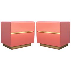 Glamorous Pair of Coral Lacquer and Brass Nightstands