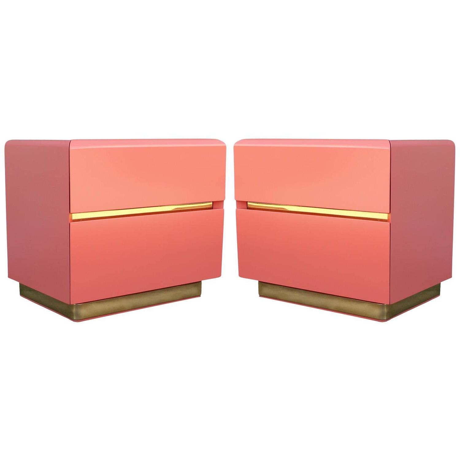 Glamorous Pair of Coral Lacquer and Brass Nightstands at 1stdibs