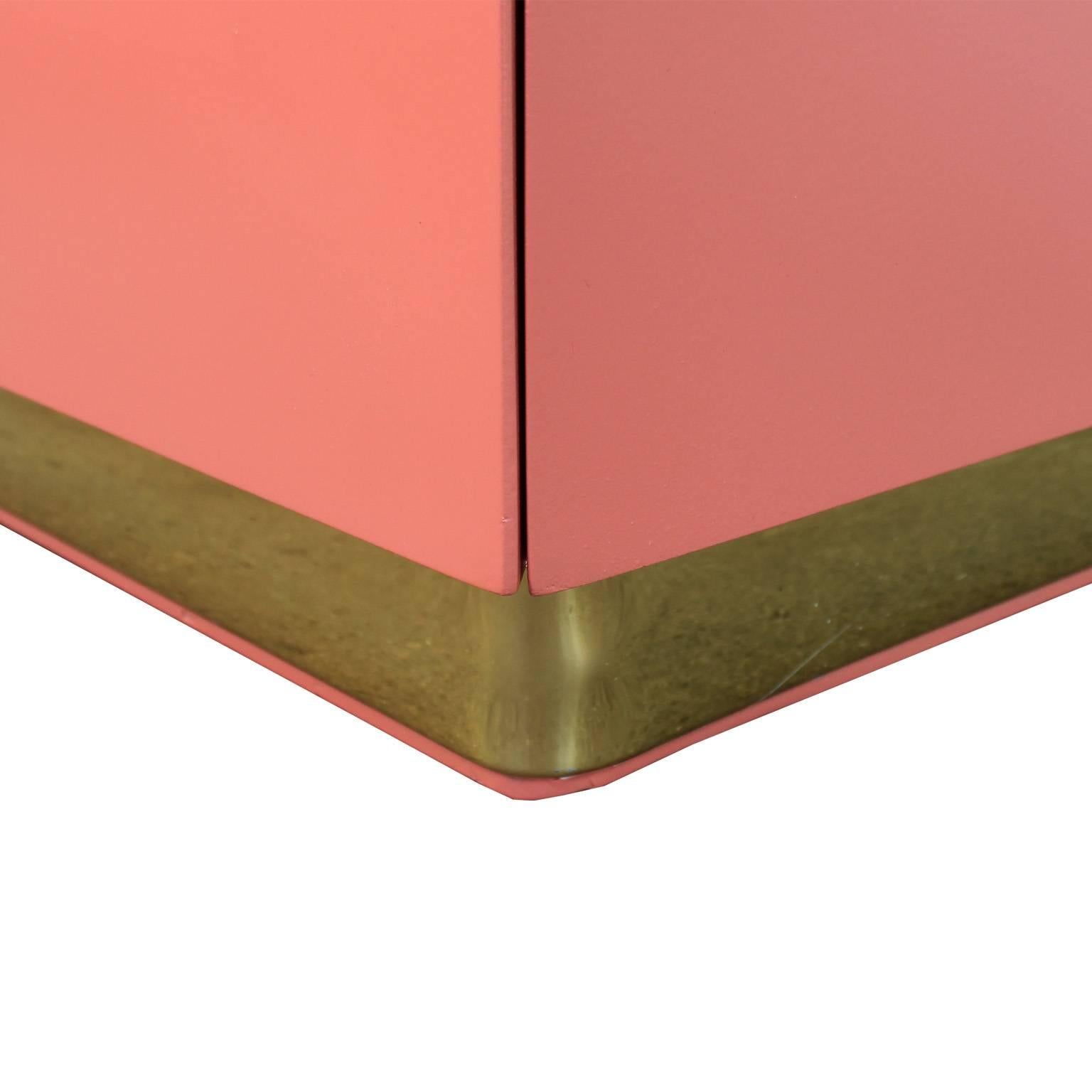 Glamorous Pair of Coral Lacquer and Brass Nightstands 3