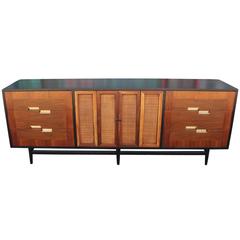Two-Tone American of Martinsville Dresser with Brass and Raffia Accents
