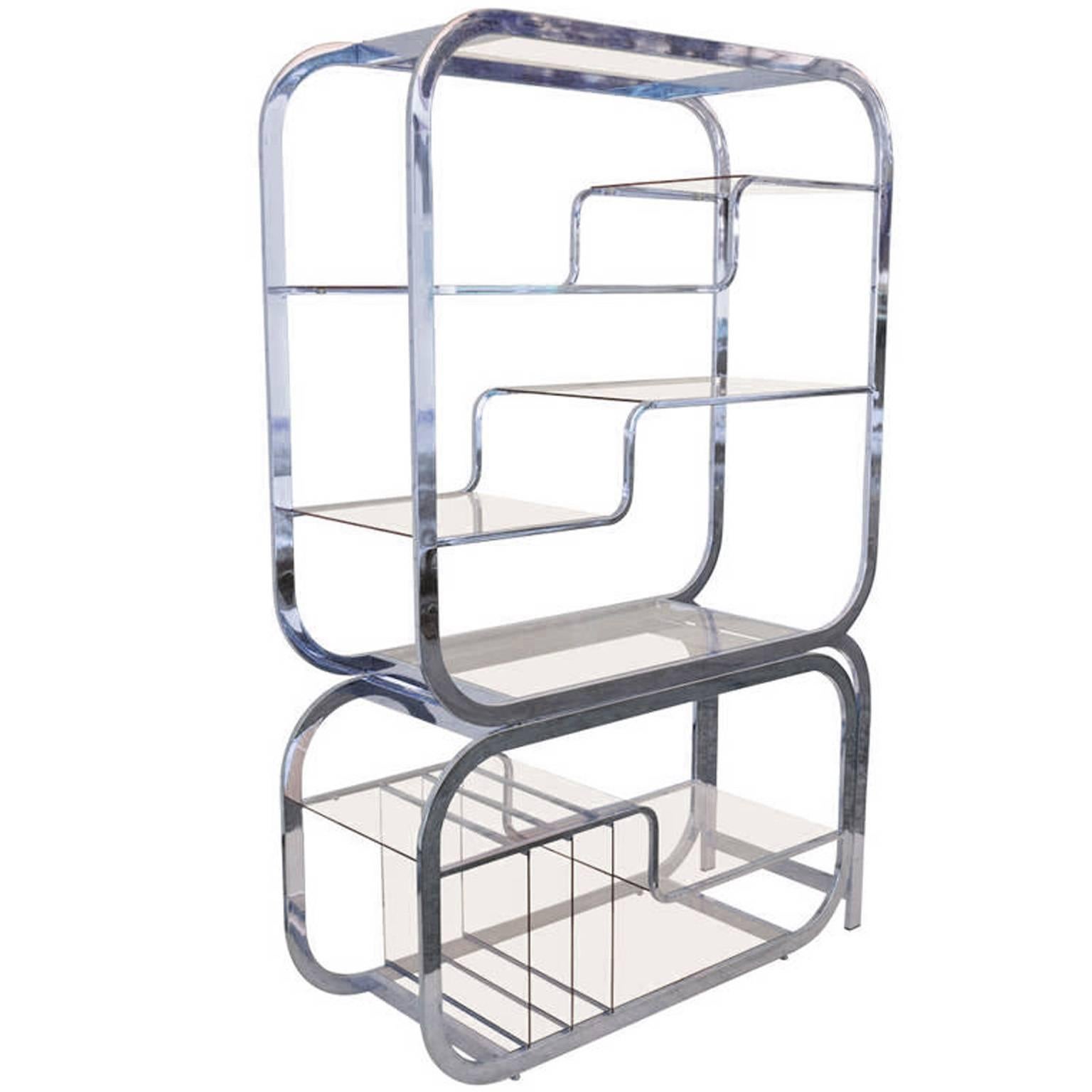Wonderful polished chrome etagere or shelf by Milo Baughman for Design Institute of America. Lower unit expands from 48
