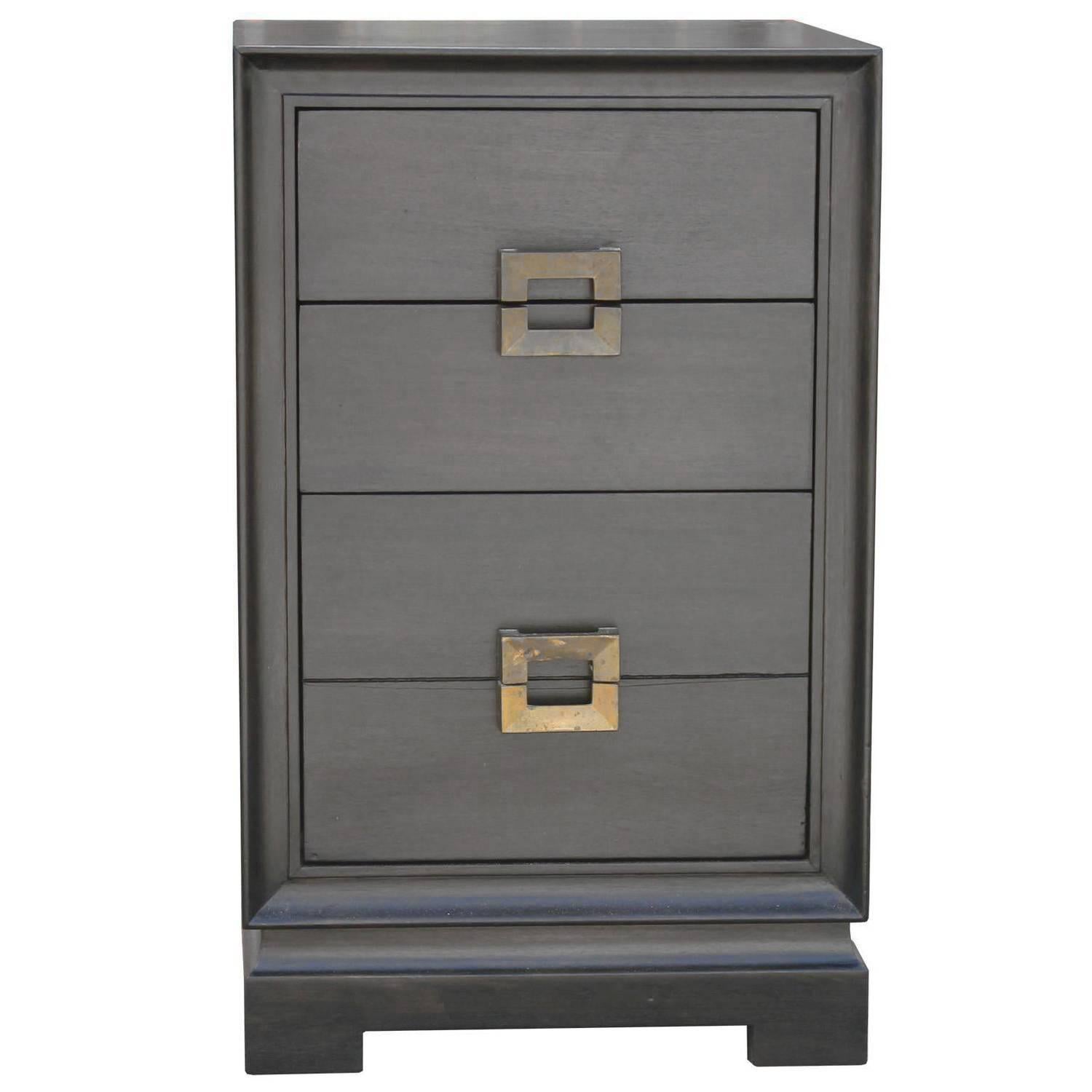 American Luxe Pair of Modern Ebonized Nightstands with Brass Handles
