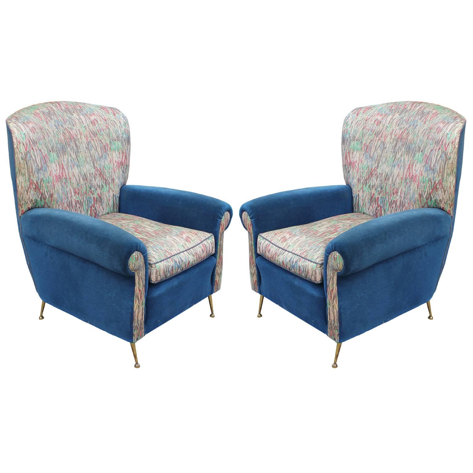 Pair of Brass Legged Italian Modern Lounge Chairs with Blue Velvet and Floral