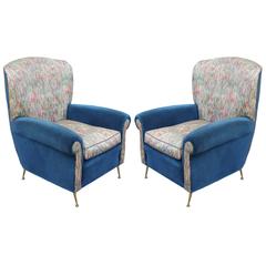 Pair of Brass Legged Italian Modern Lounge Chairs with Blue Velvet and Floral 6