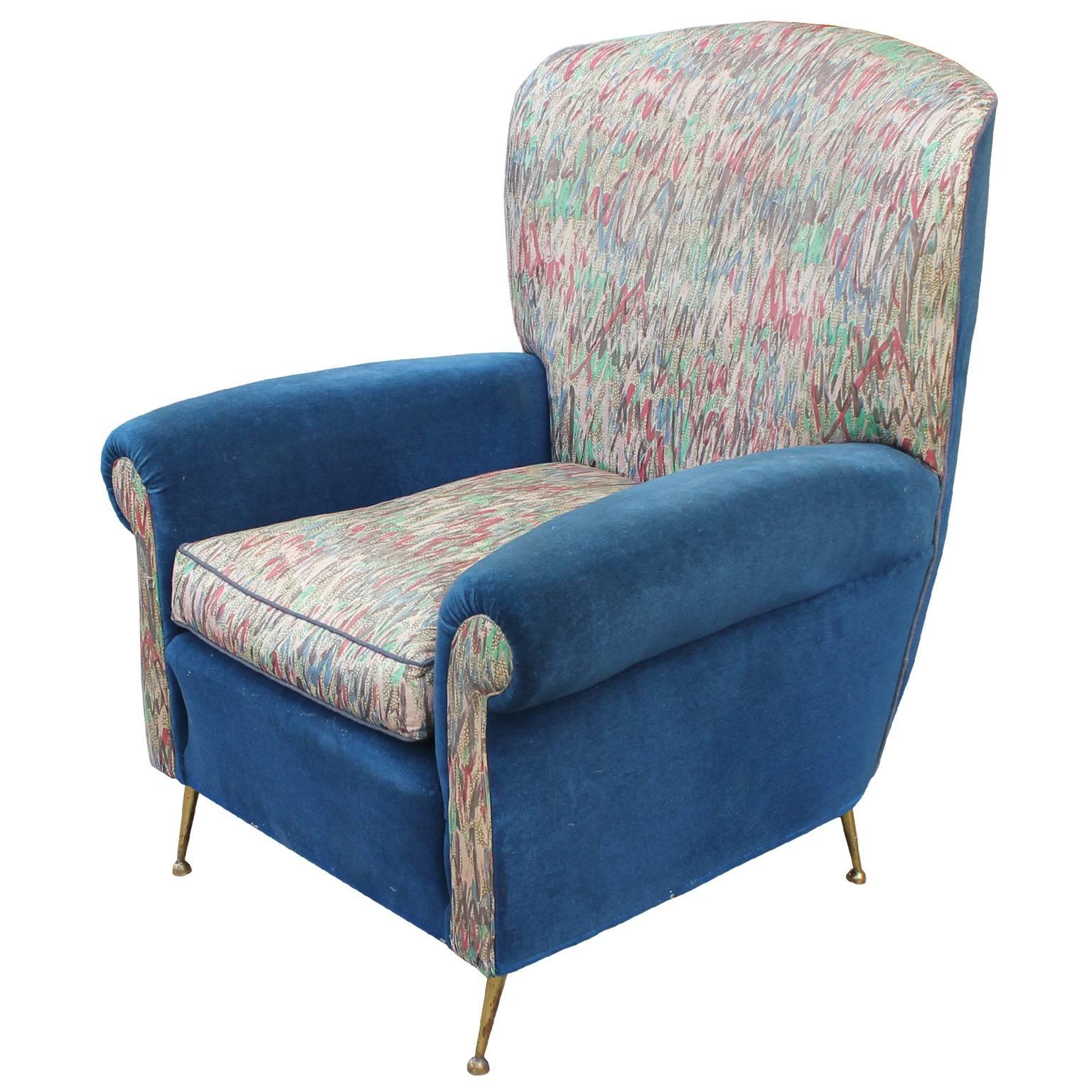 Hollywood Regency Pair of Brass Legged Italian Modern Lounge Chairs with Blue Velvet and Floral