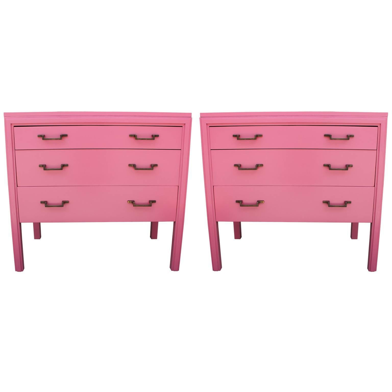 Lovely Pair of Modern Bachelor's Three Drawer Chests Lacquered in Pink