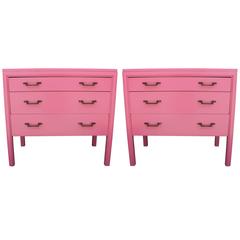 Lovely Pair of Modern Bachelor's Three Drawer Chests Lacquered in Pink