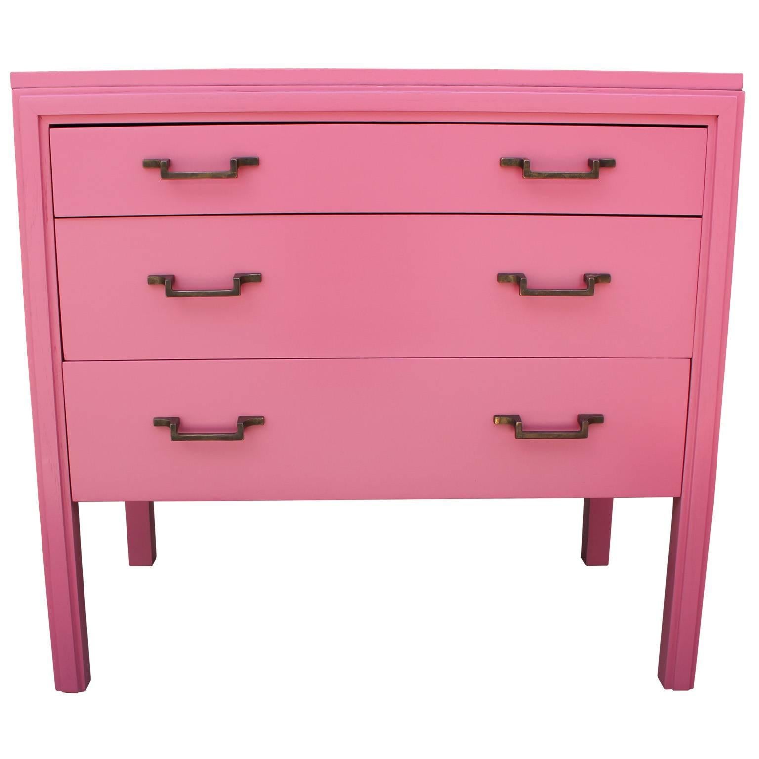 Mid-Century Modern Lovely Pair of Modern Bachelor's Three Drawer Chests Lacquered in Pink