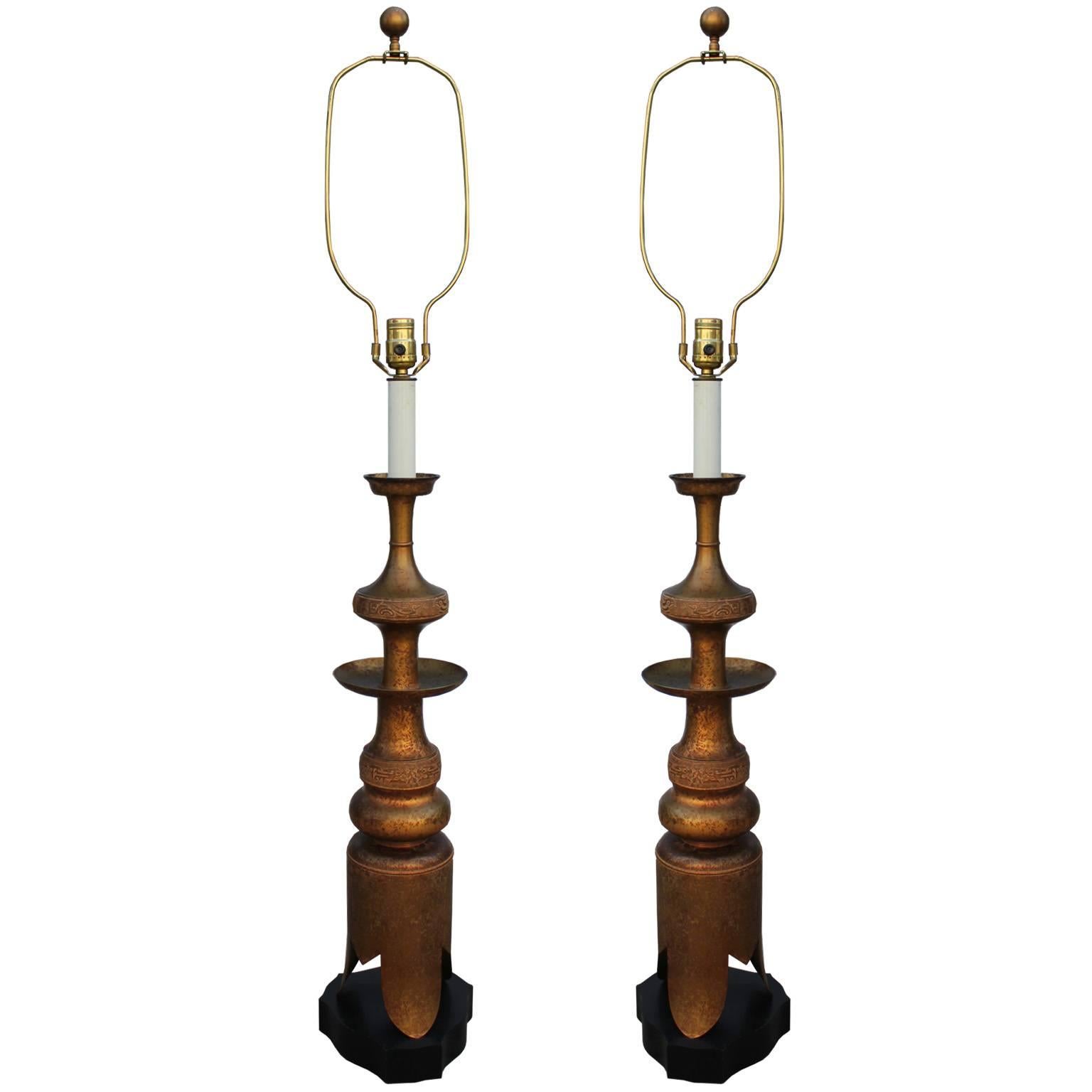 Fabulous Pair of Large James Mont Style Brass Modern Table Lamps