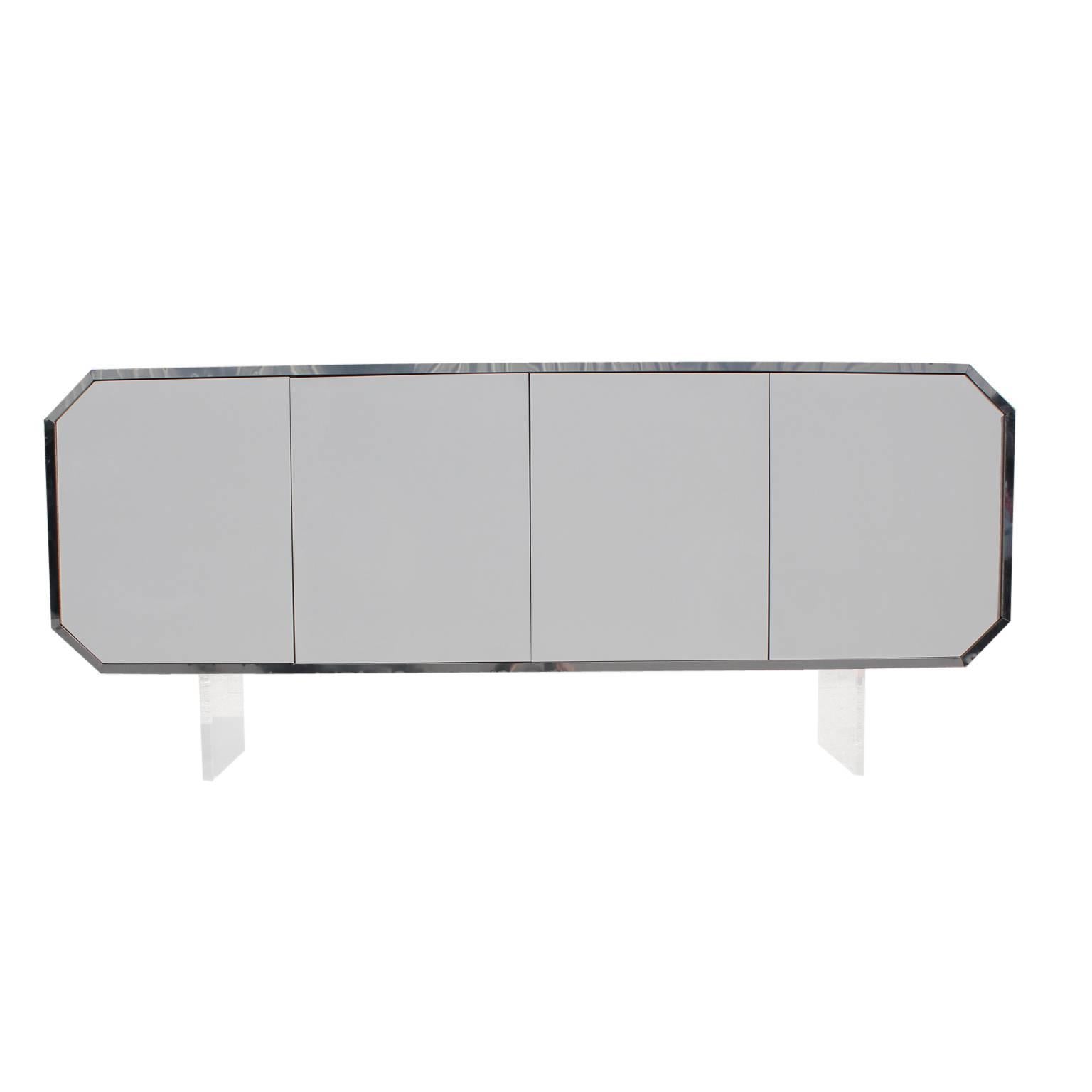 American White and Chrome Octagon Modern Sideboard or Cabinet with Lucite Legs