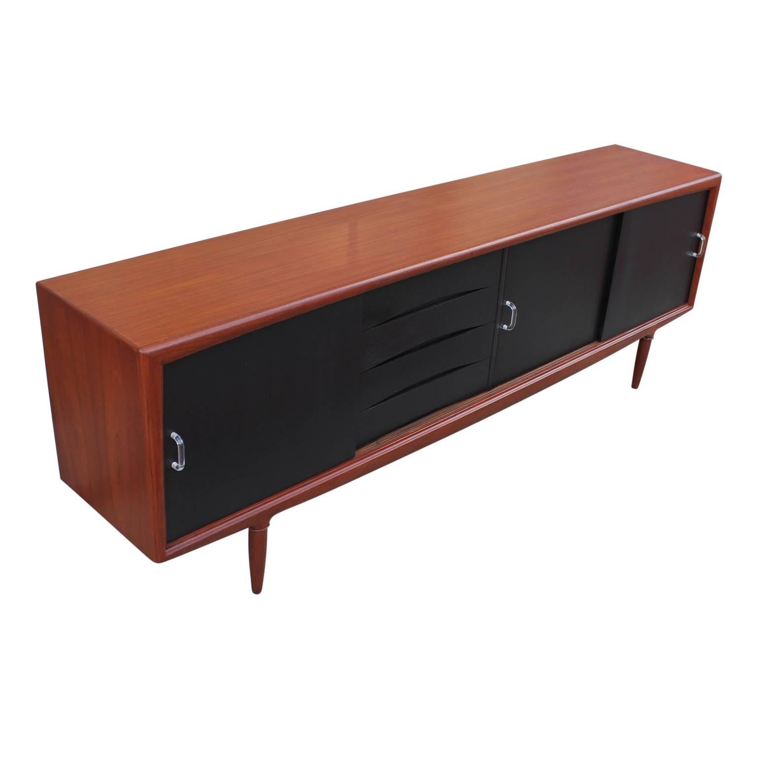 Two-Tone Modern Danish Credenza or Sideboard Lucite Handles 1