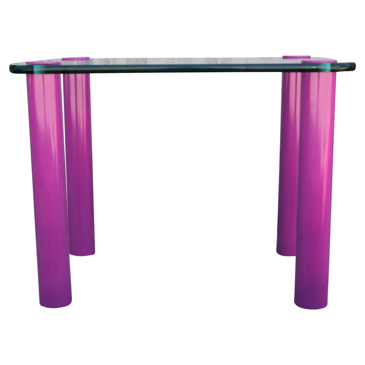 Modern Rectangular Glass Side Table with Purple Pink Lacquered Legs