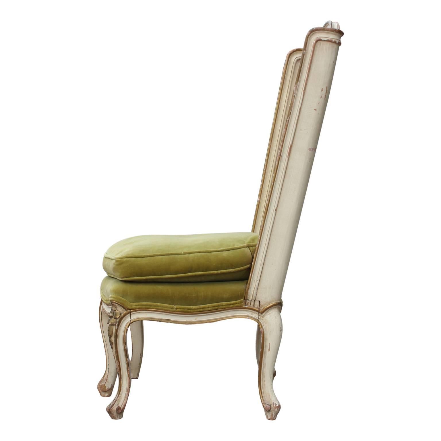 18th Century French Louis XIV Five Legged Cane Back Chair in Green Velvet