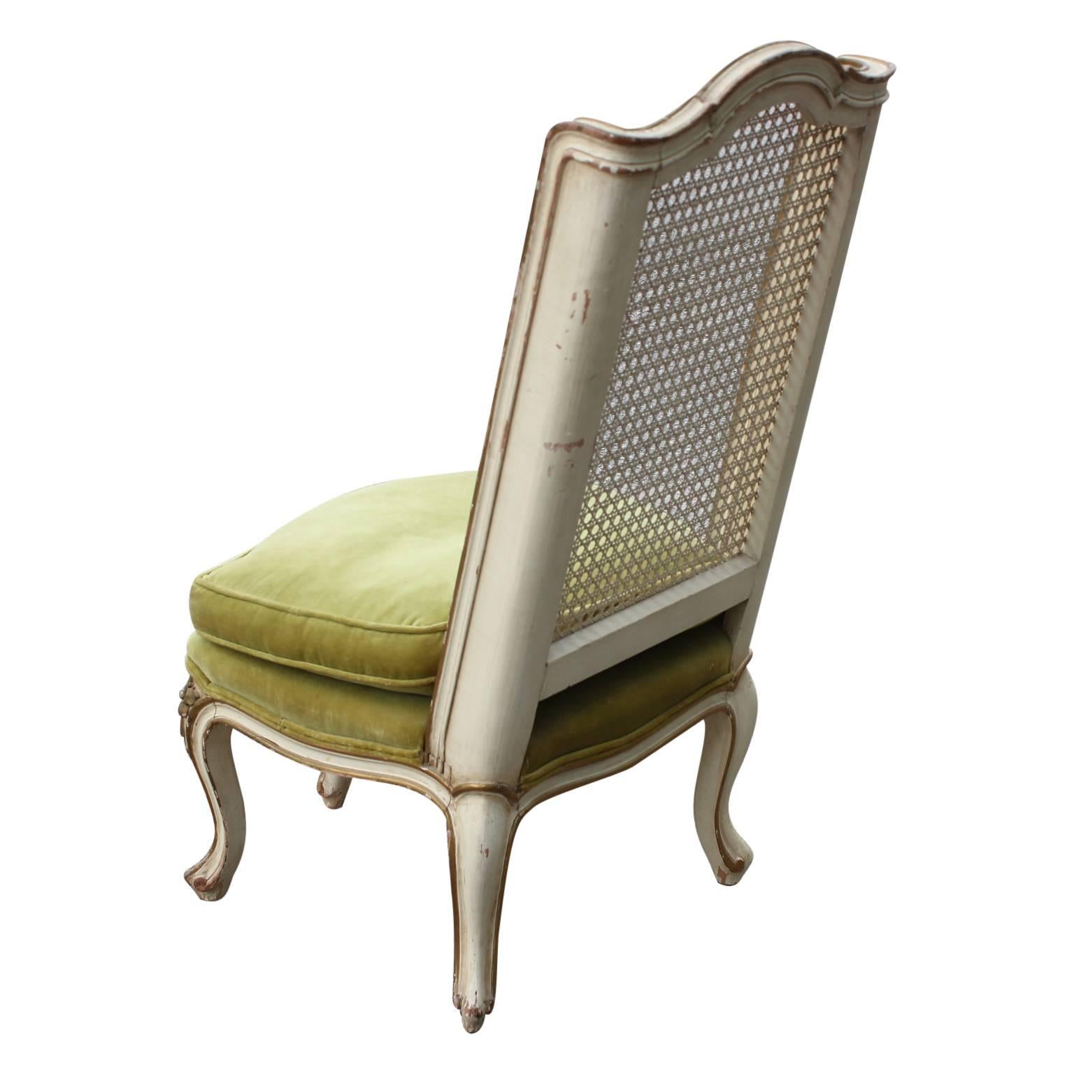 French Louis XIV Five Legged Cane Back Chair in Green Velvet 1