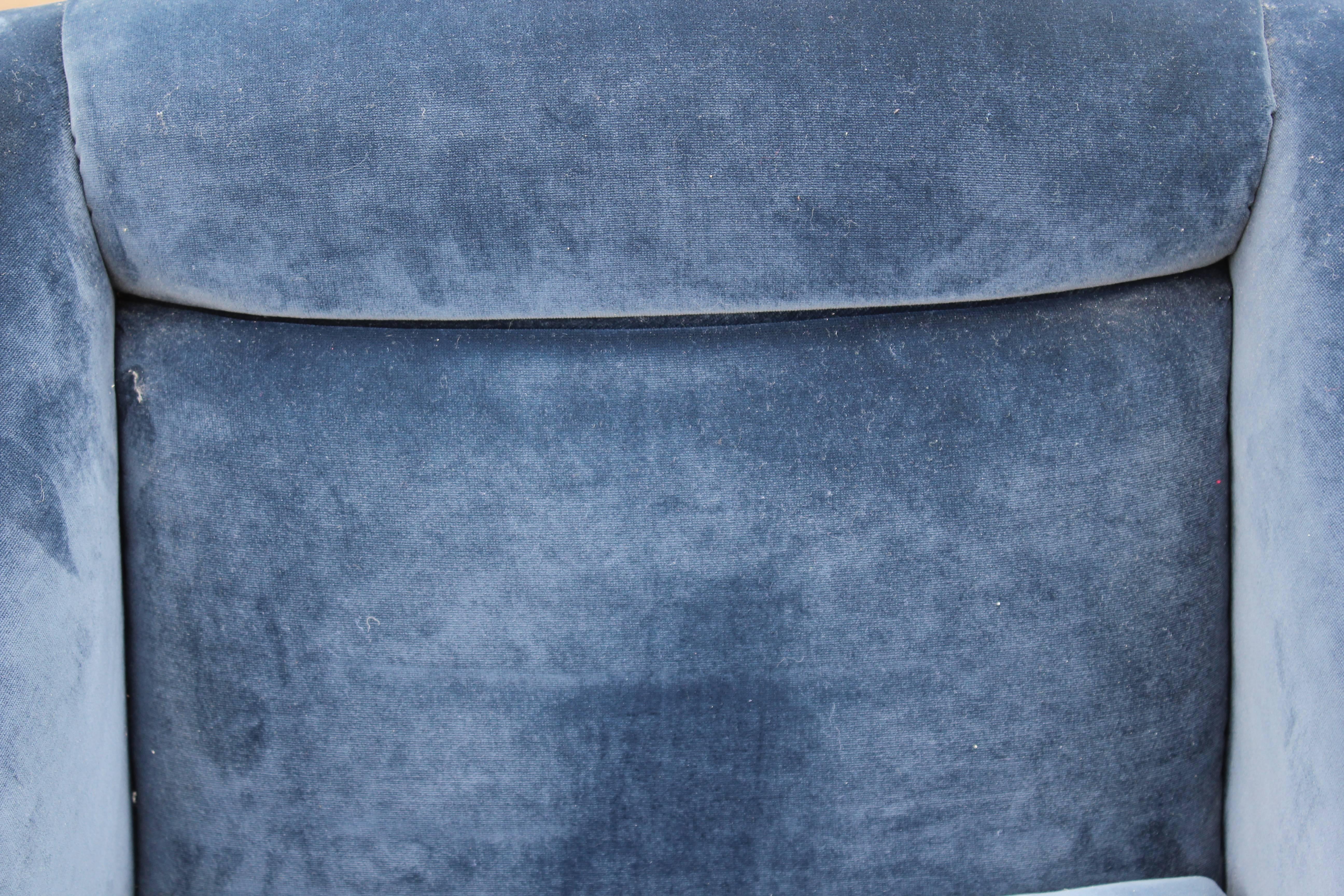 Pair of Modern Lounge Chairs Fully Upholstered in Original Deep Blue Velvet 1