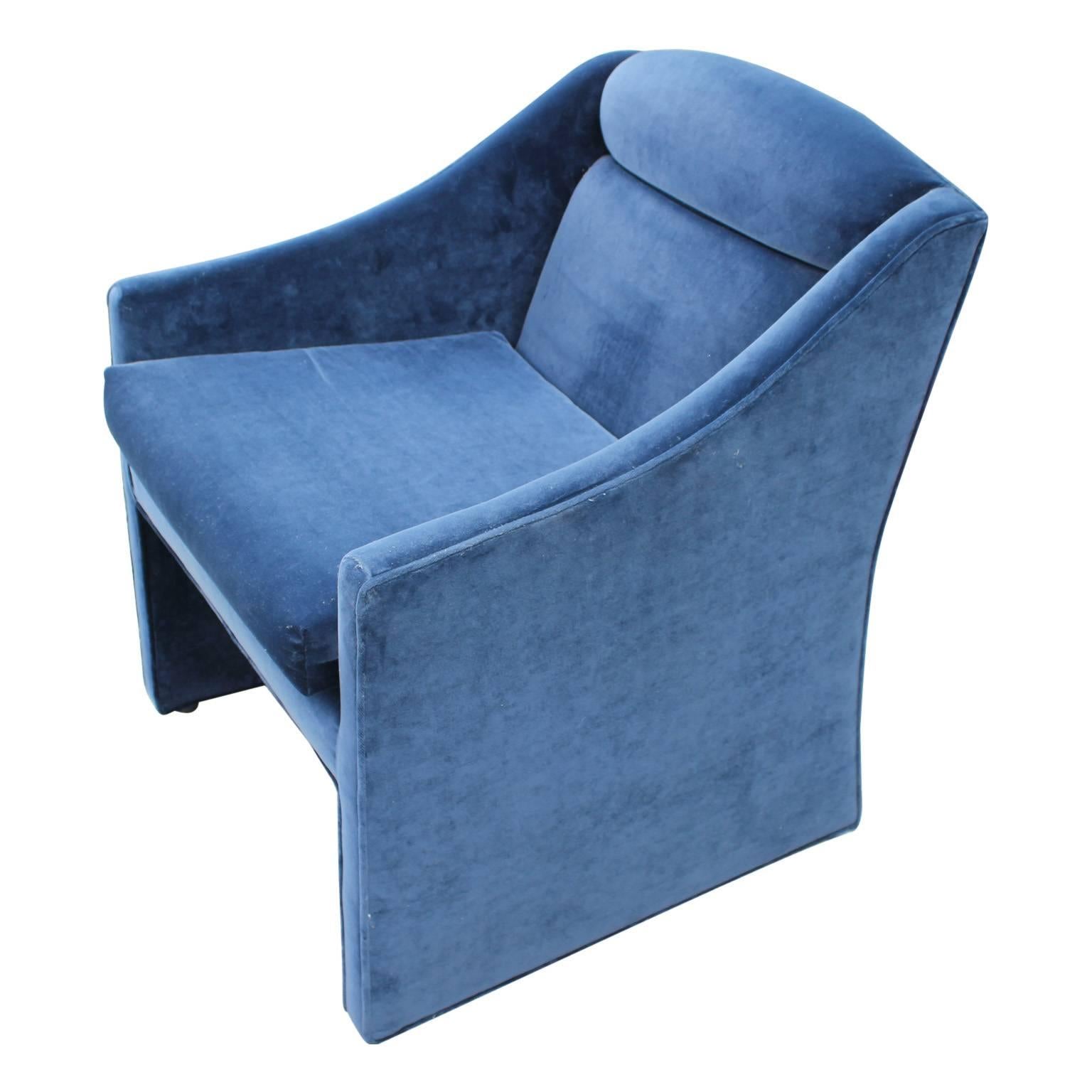 Mid-Century Modern Pair of Modern Lounge Chairs Fully Upholstered in Original Deep Blue Velvet