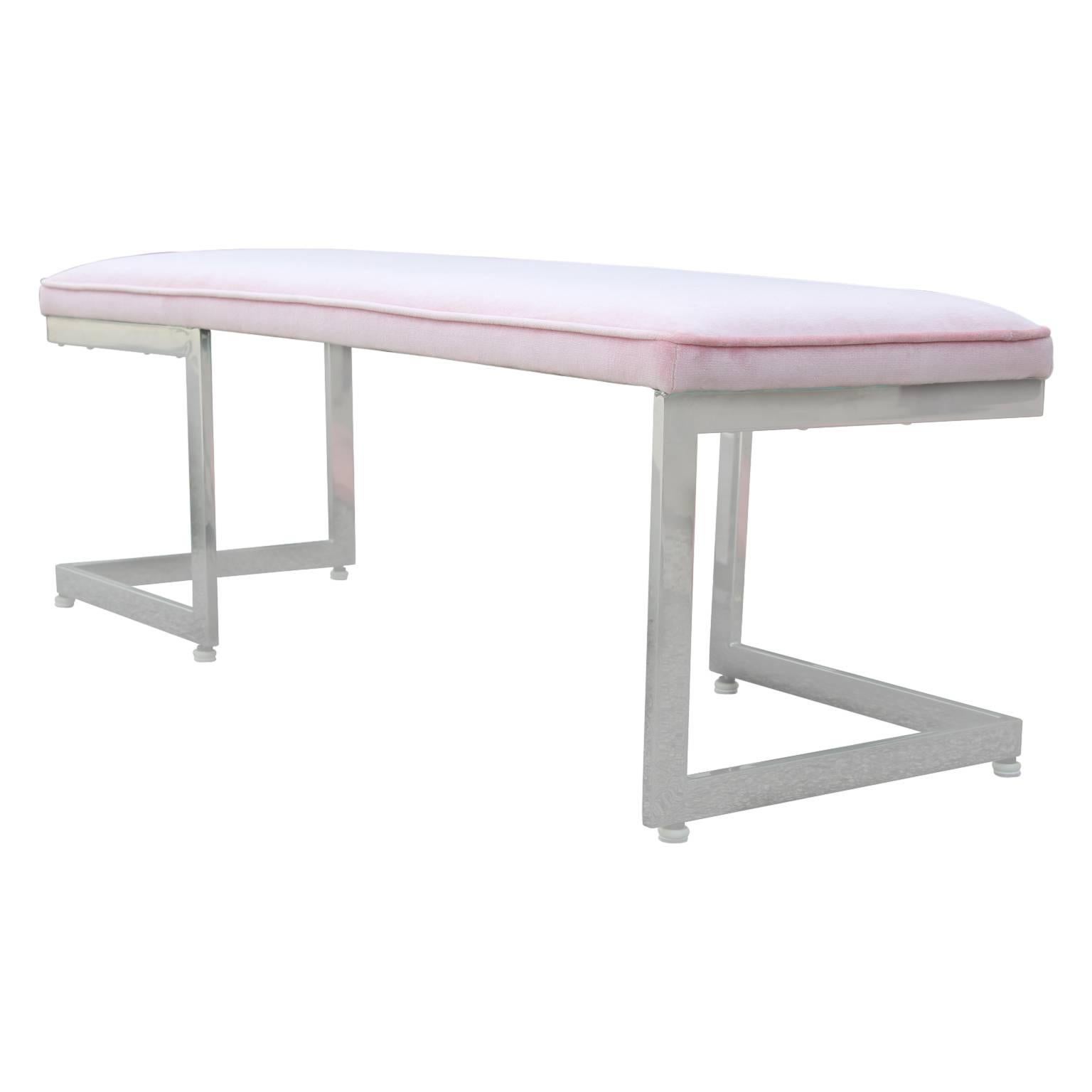 Modern Milo Baughman Style Chrome and Pink Velvet Asymmetrical Bench In Excellent Condition In Houston, TX