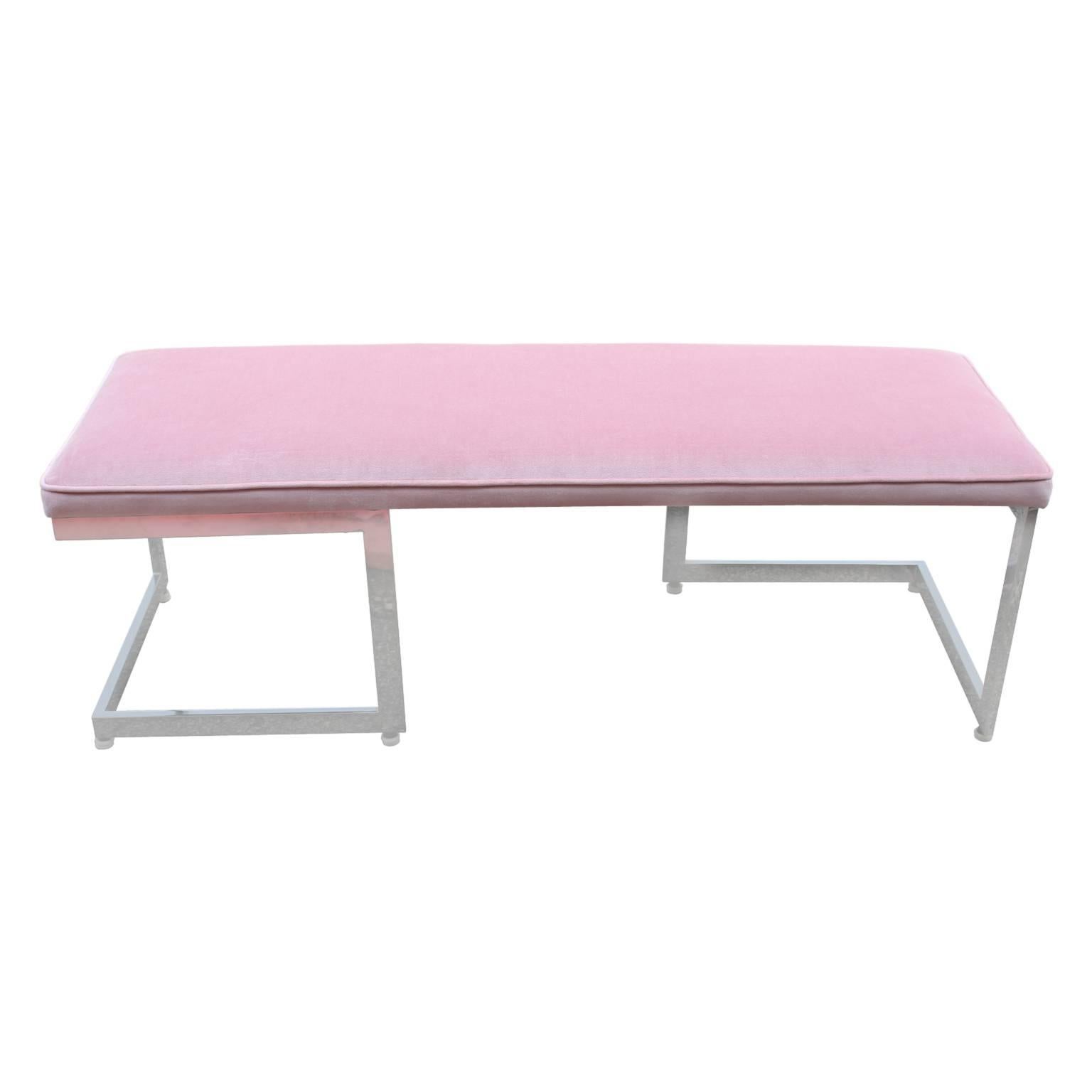 Modern Milo Baughman Style Chrome and Pink Velvet Asymmetrical Bench 1