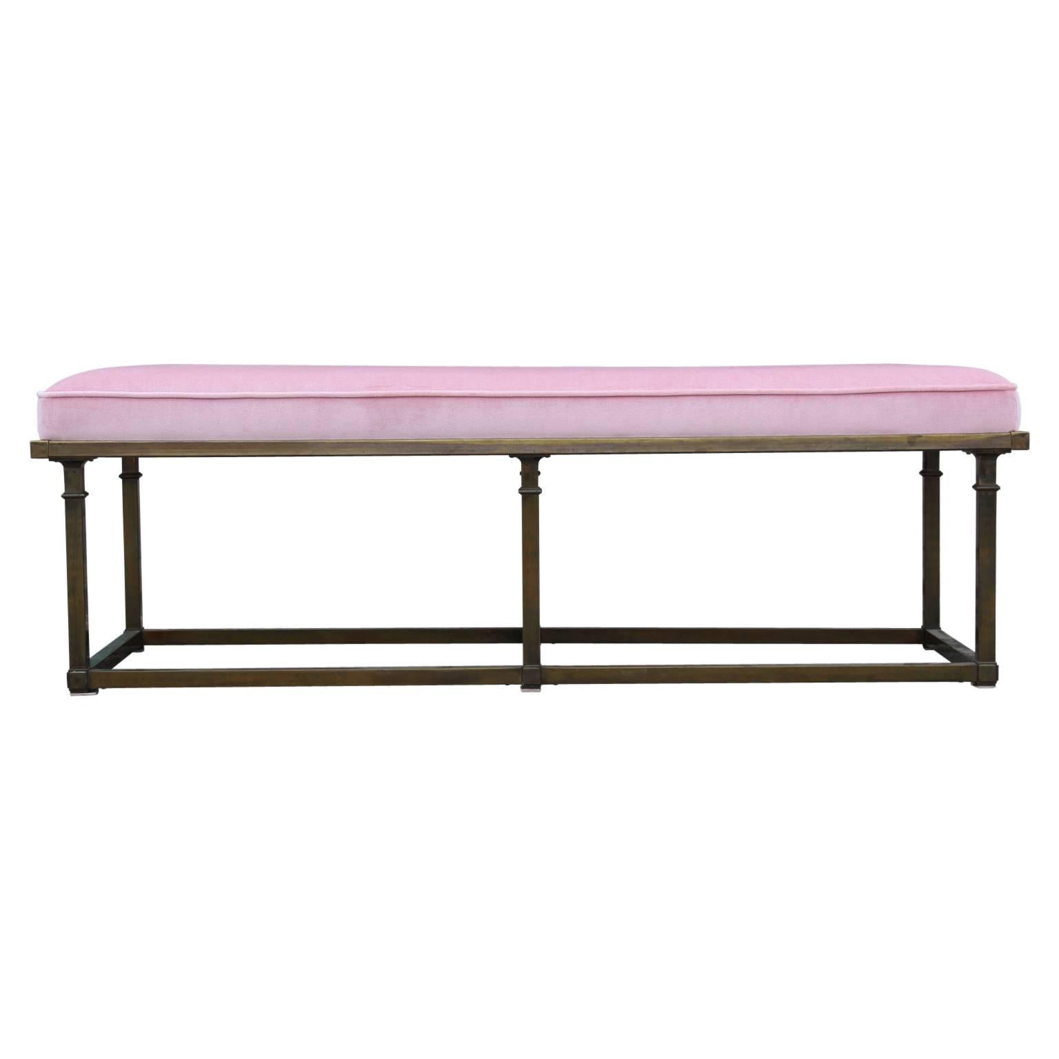 Modern Brass and Light Pink Velvet Mastercraft Bench