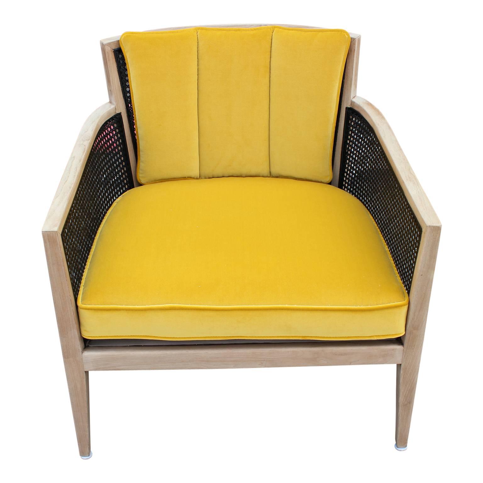 Mid-Century Modern Pair of Modern Harvey Probber Bleached Wood Cane Lounge Chairs in Yellow Velvet
