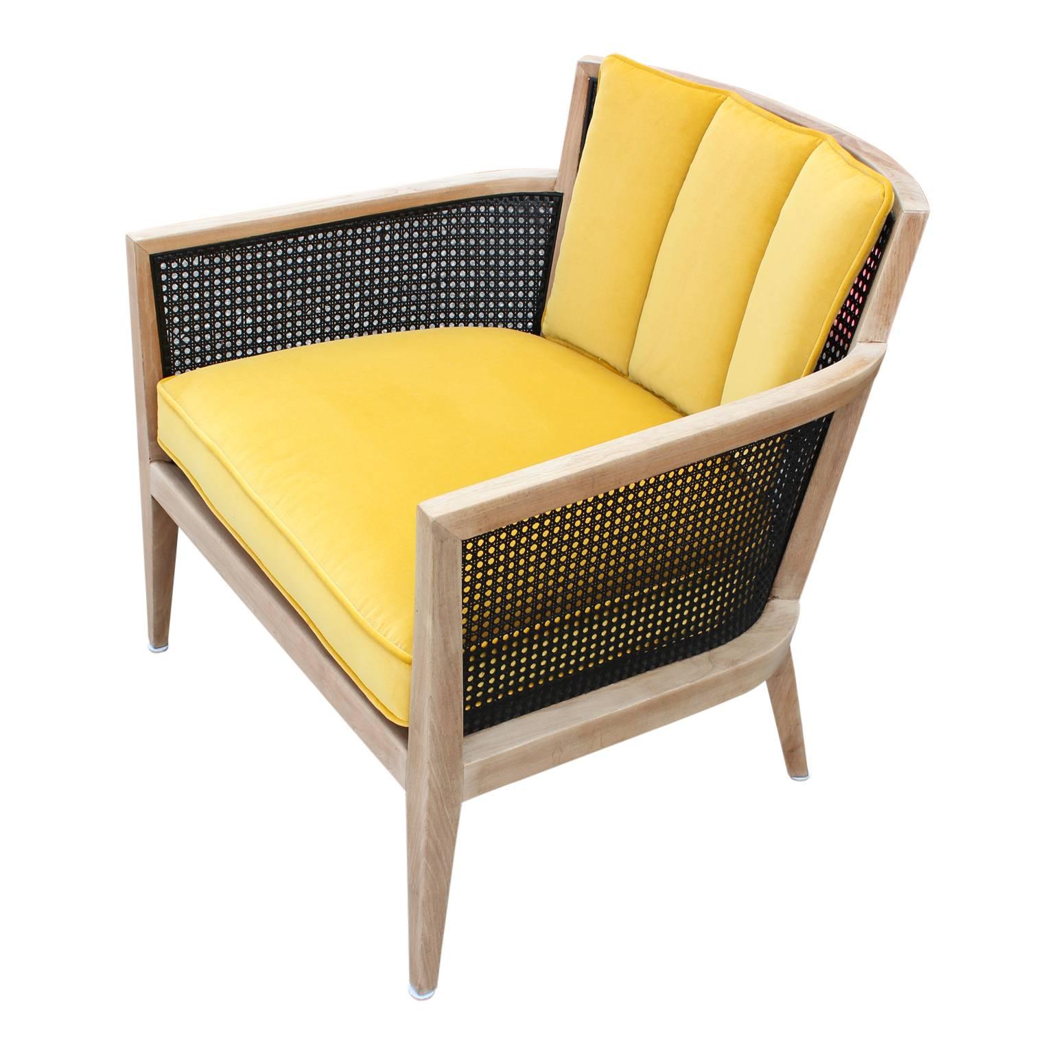Pair of Modern Harvey Probber Bleached Wood Cane Lounge Chairs in Yellow Velvet In Excellent Condition In Houston, TX