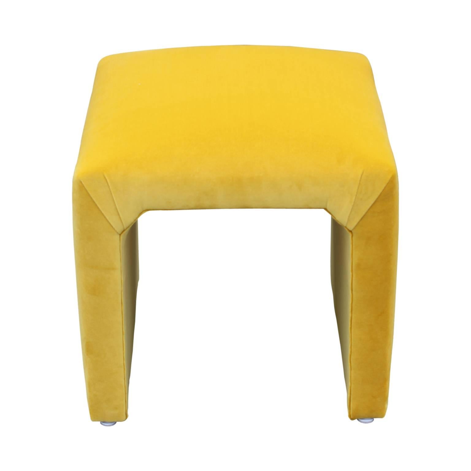 Pair of Milo Baughman for Thayer Coggin footstools recently re-uphosltered in yellow velvet. Stunning set to add a touch of color to any modern or mid-mod home!