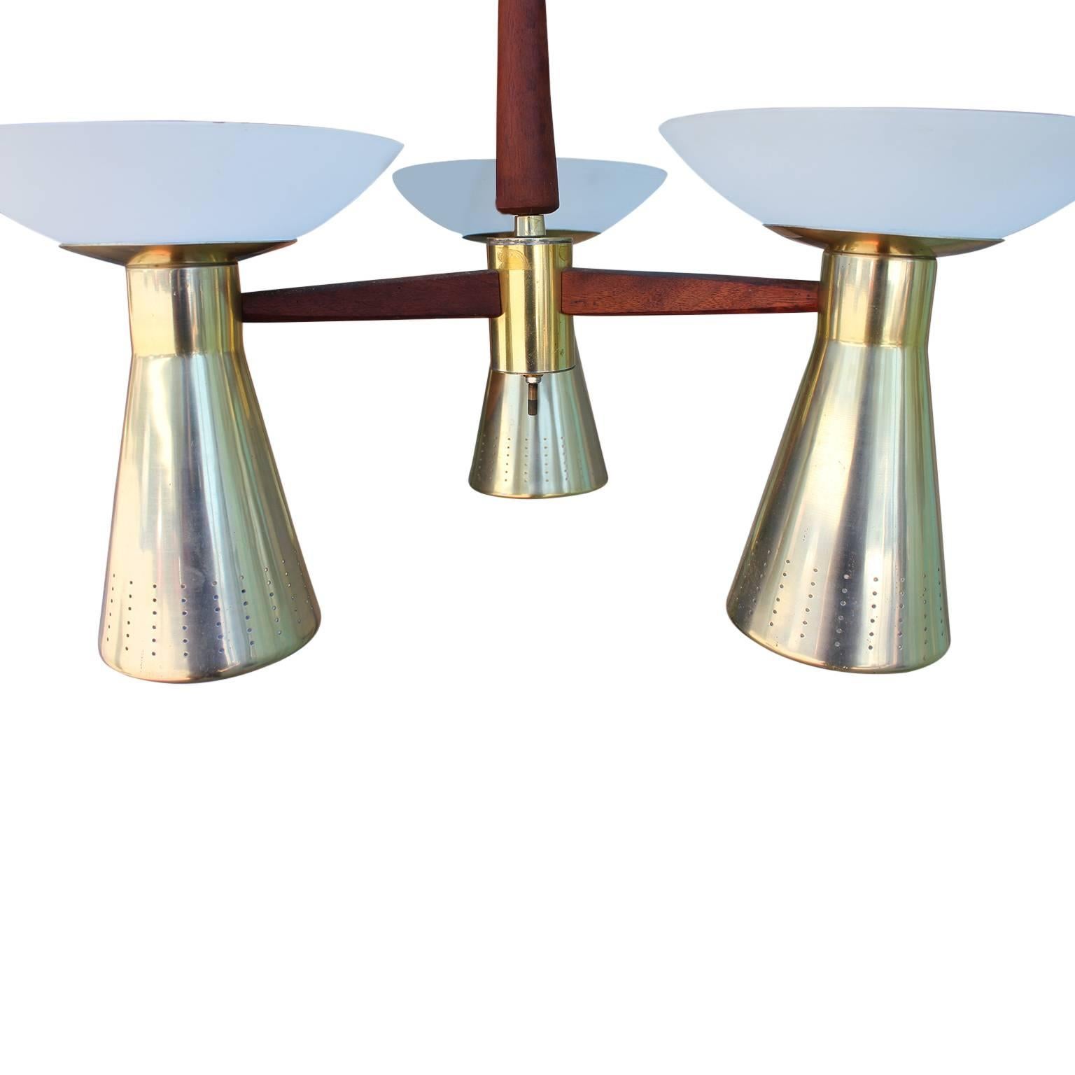 Modernist Perforated Brass and Walnut Chandelier with Three Double Sconces In Good Condition In Houston, TX