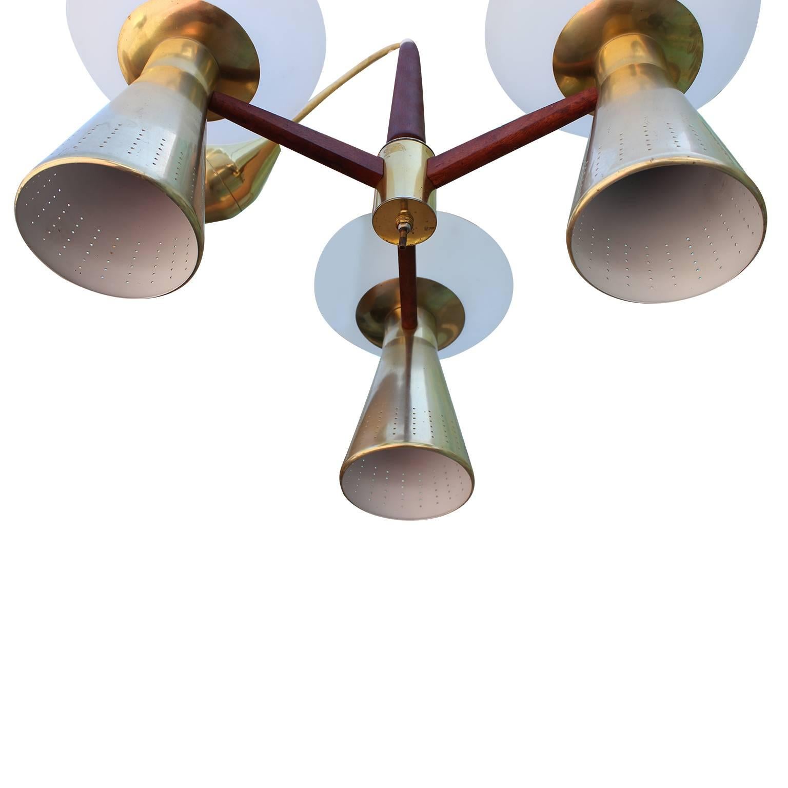 Mid-20th Century Modernist Perforated Brass and Walnut Chandelier with Three Double Sconces