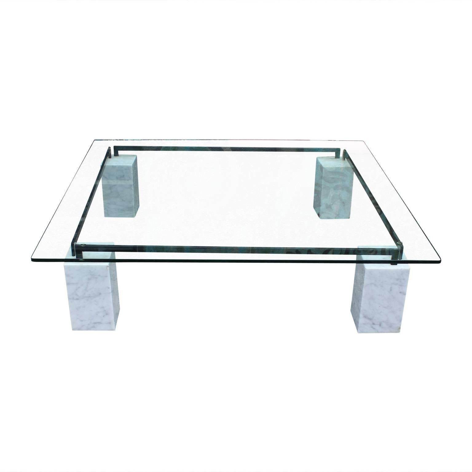 Modern Square Glass Cattelan Coffee Table with Carrara Marble Bases