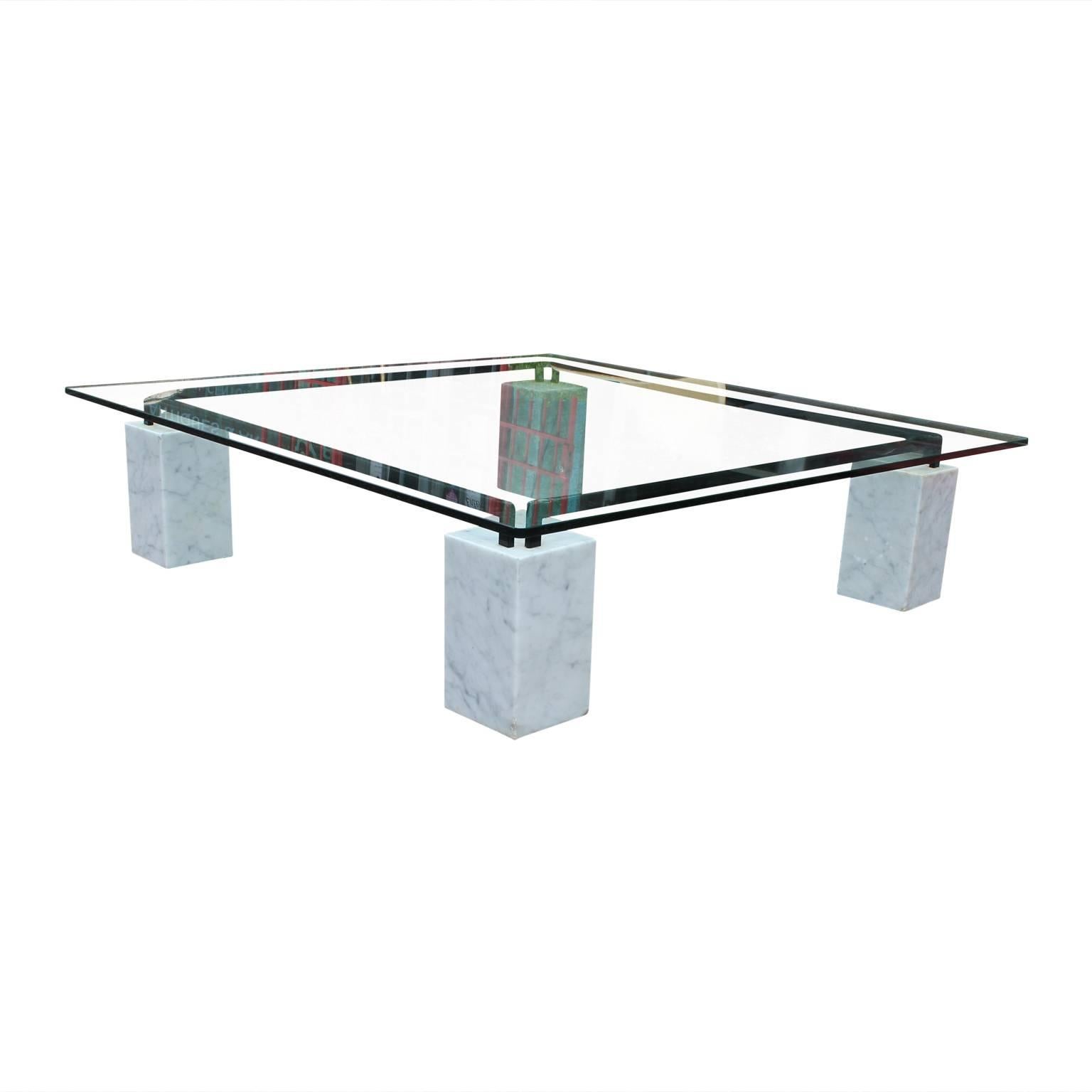 Post-Modern Modern Square Glass Cattelan Coffee Table with Carrara Marble Bases