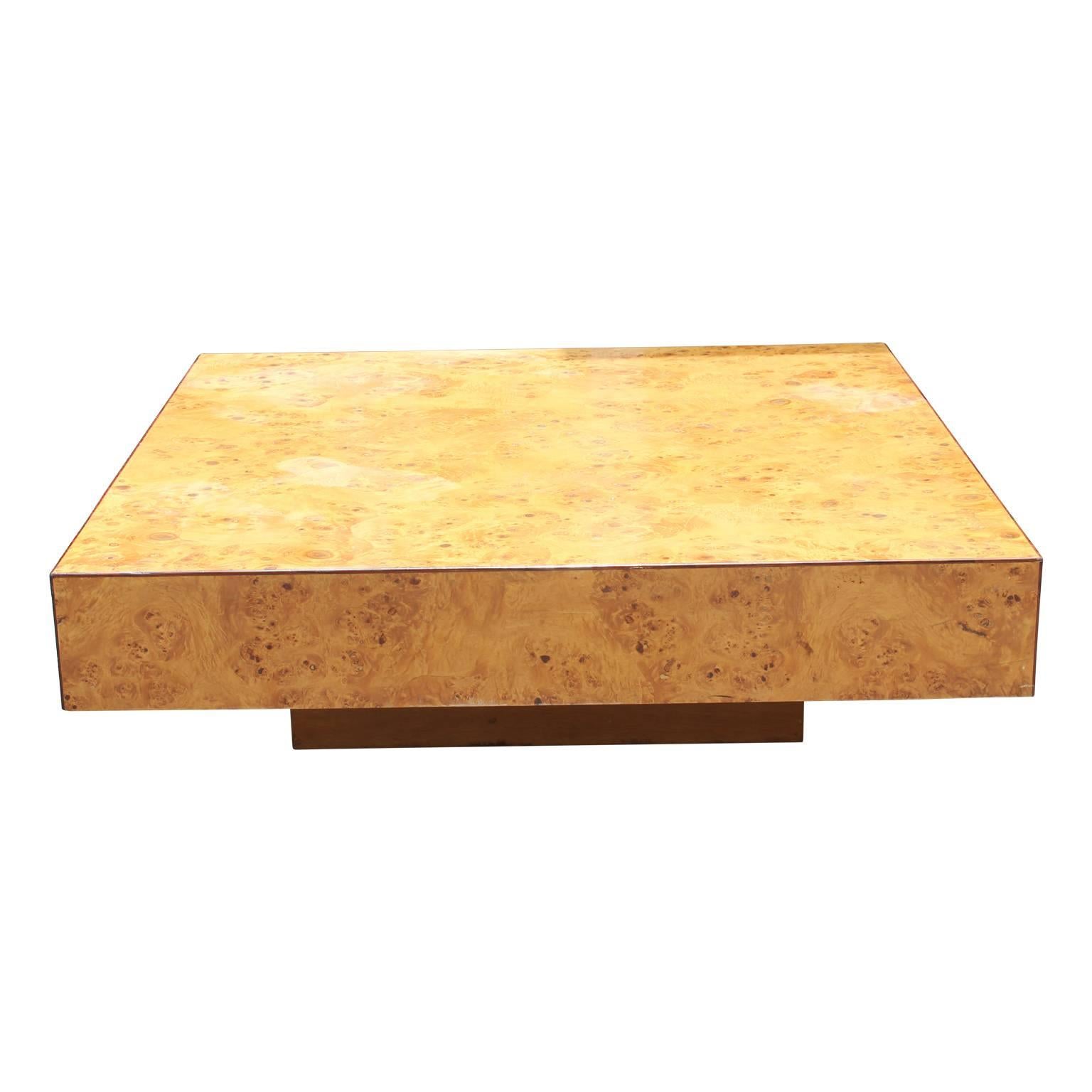Stunning Milo Baughman style square burl wood coffee table. In excellent vintage condition.