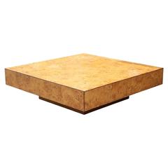 Modern Luxe Milo Baughman Style Large Square Burl Wood Coffee Table