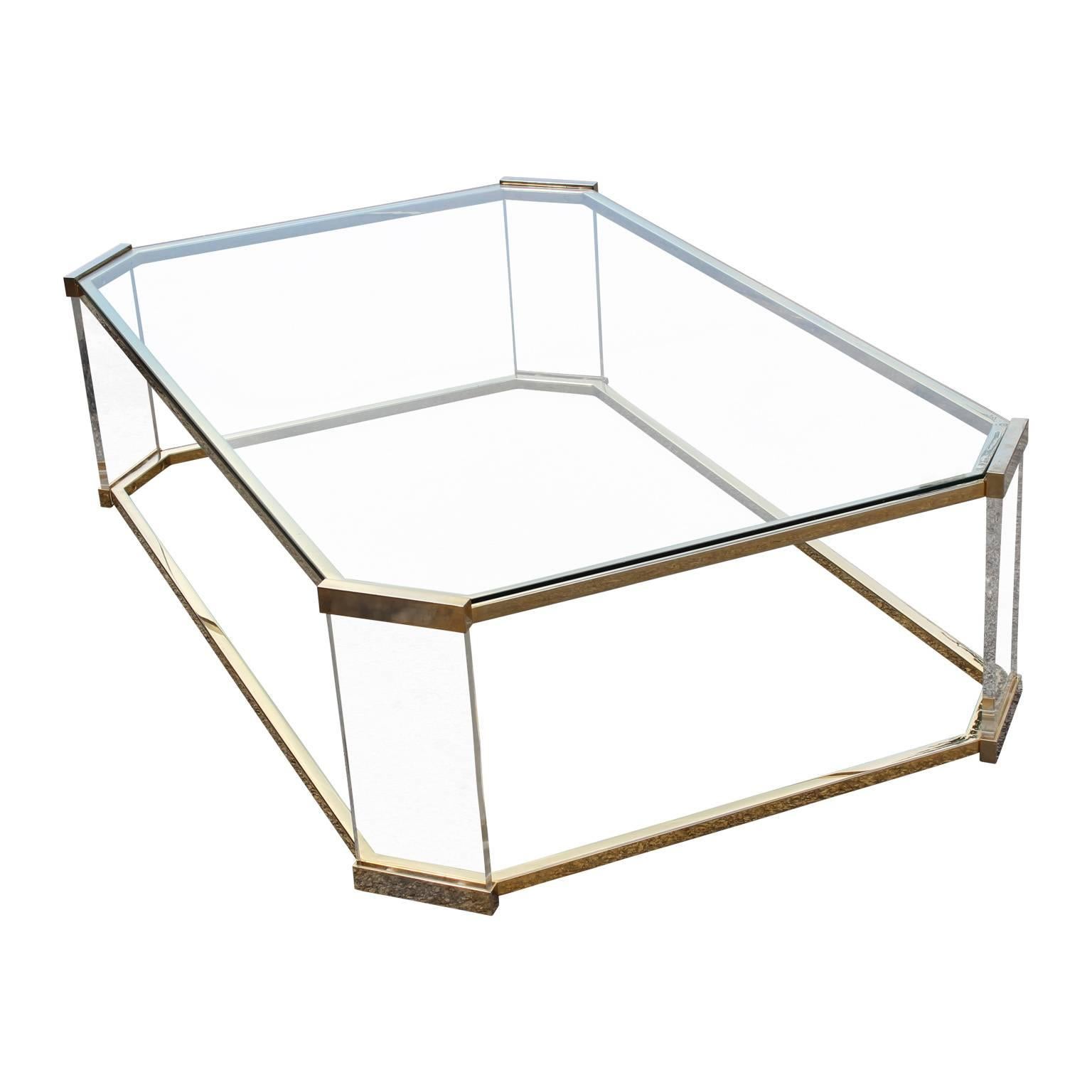 Late 20th Century Modern Brass Glass and Lucite Rectangular Coffee Table