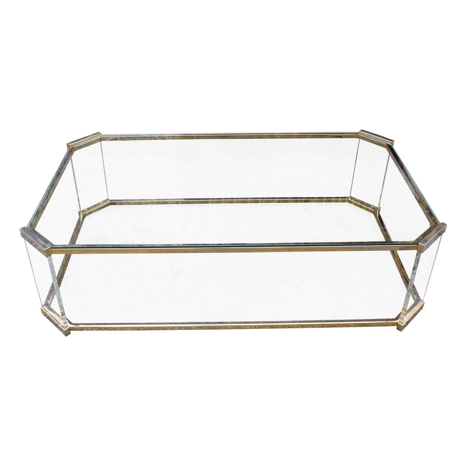 Modern brass, glass and Lucite rectangular coffee table. The brass finish does have some slight wear in places.