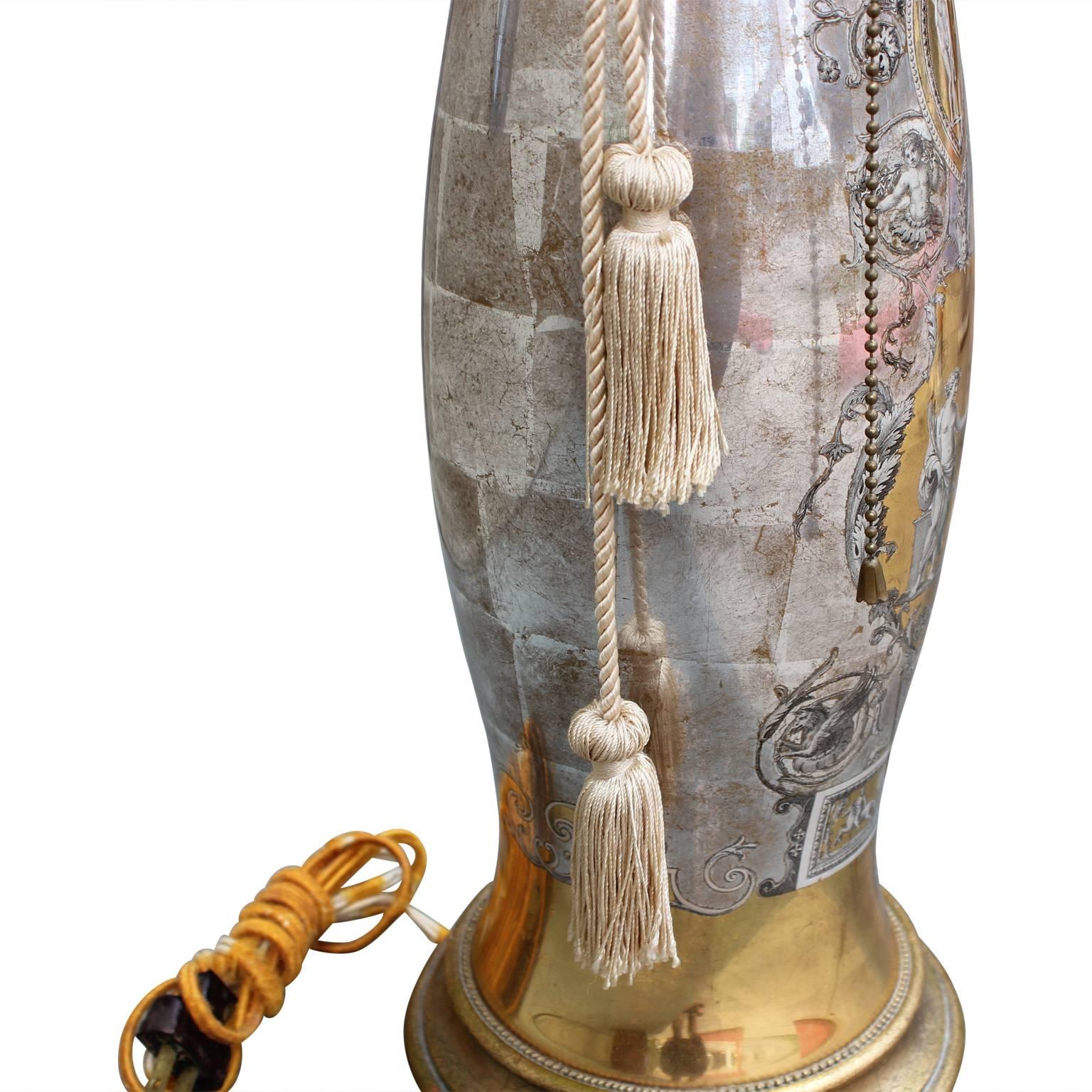 Italian Tall Fornasetti Style Hollywood Regency Gold and Silver Lamp