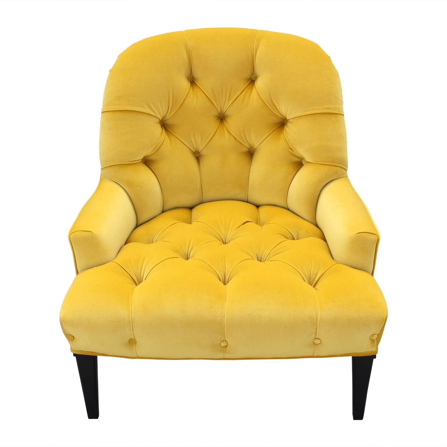 Pair of modern stunning French slipper lounge chairs reupholstered in a gorgeous tufted yellow Kravet velvet.