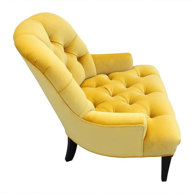 Pair of Modern French Slipper Lounge Chairs in Tufted Yellow Velvet at