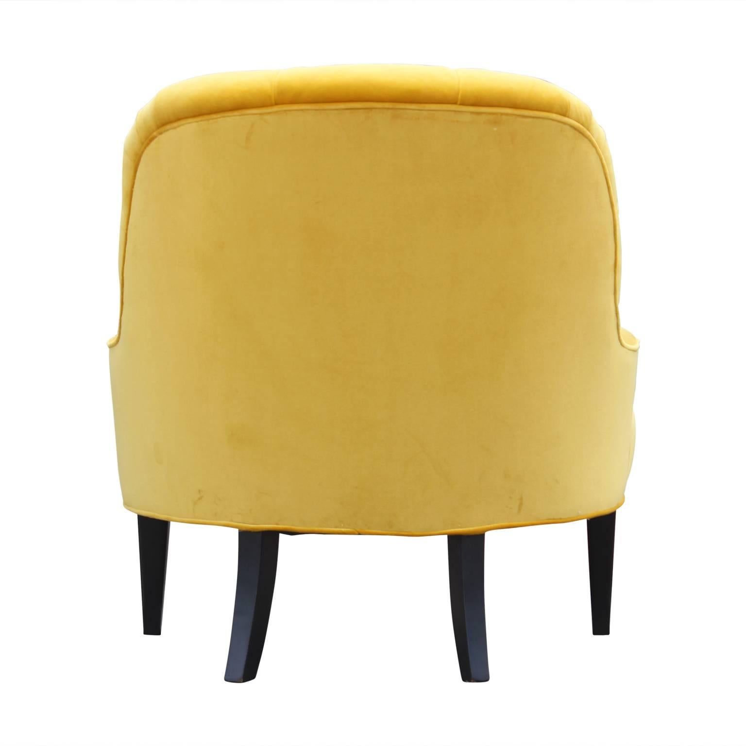 Hollywood Regency Pair of Modern French Slipper Lounge Chairs in Tufted Yellow Velvet