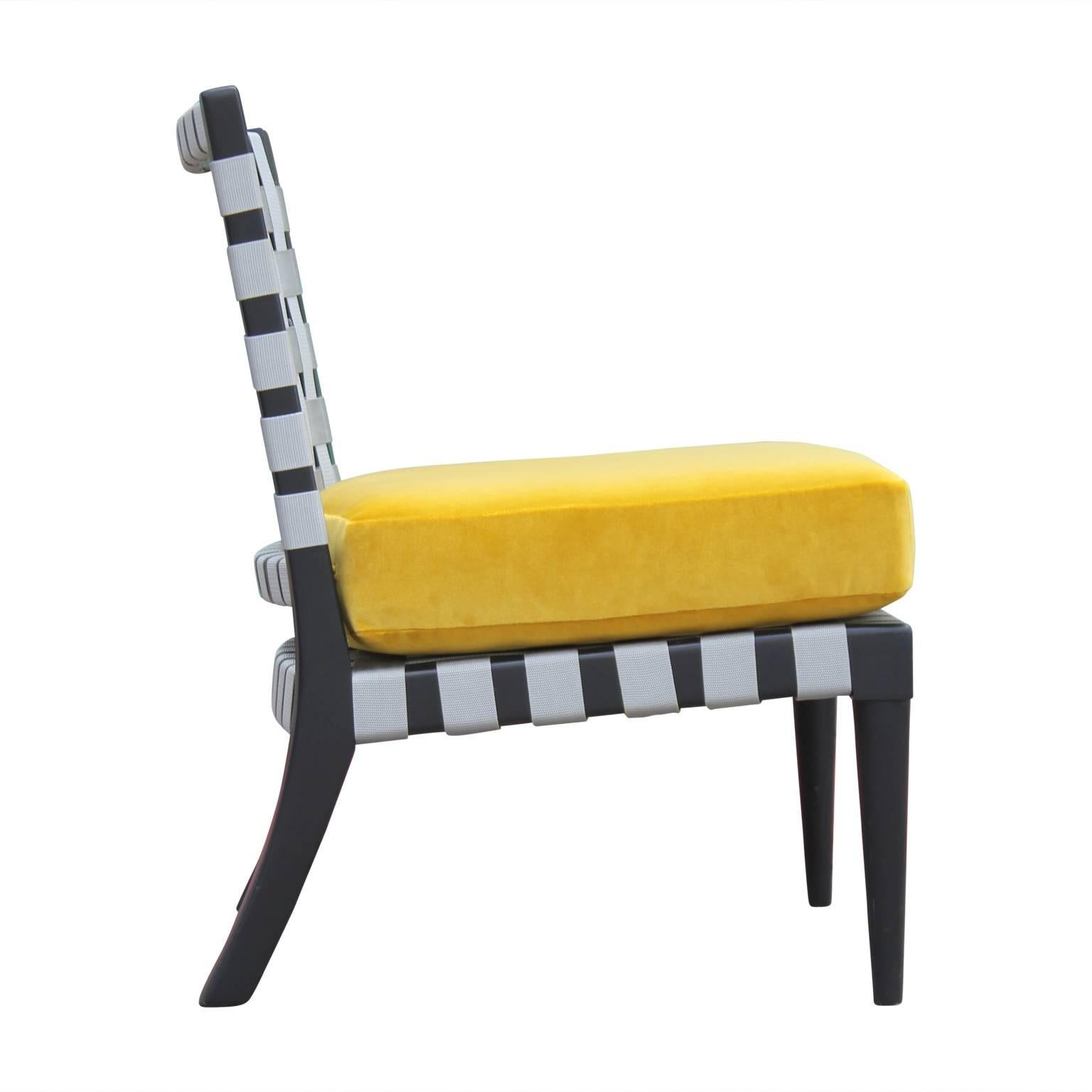 Large VW strap chair with yellow velvet, designed by Vincent Wolf (VW) for Niedermaier out of Chicago, IL. These have recently been reupholstered in our favourite yellow Kravet velvet. The straps are a nice light grey and are in perfect condition,
