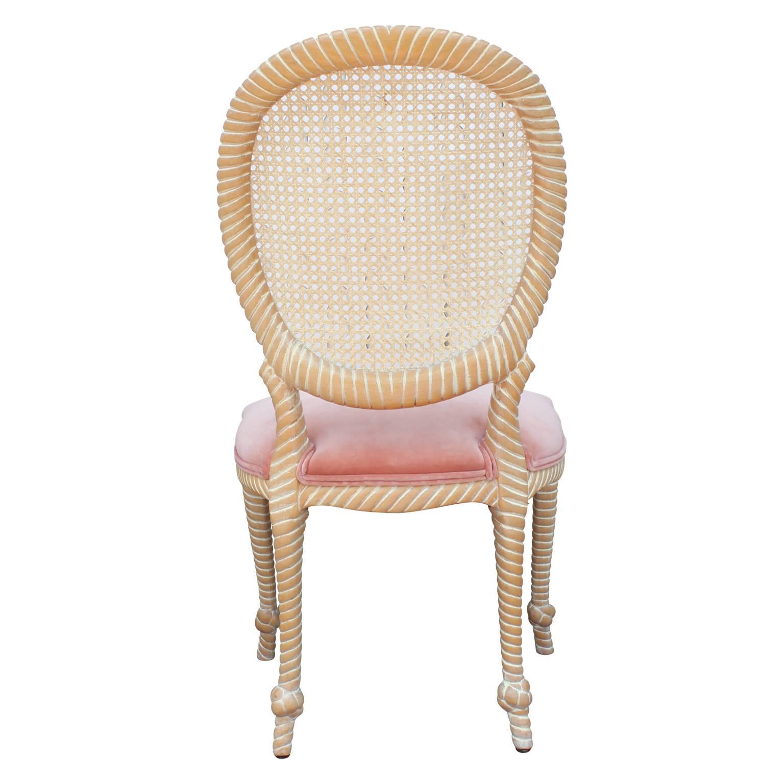 Hollywood Regency Set of Five / Four Cane Back Rope Dining Chairs in Pink Velvet and Bleached