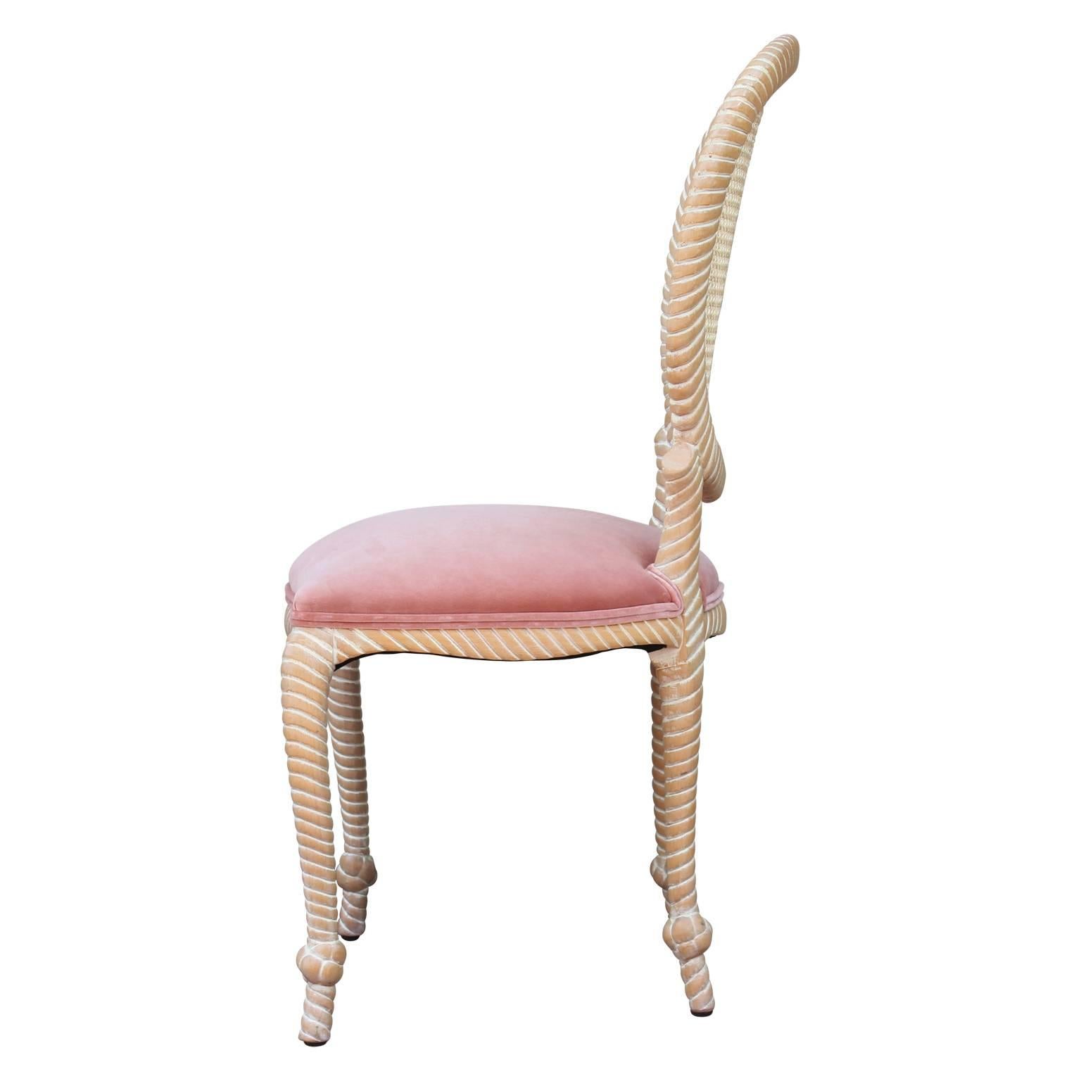 American Set of Five / Four Cane Back Rope Dining Chairs in Pink Velvet and Bleached