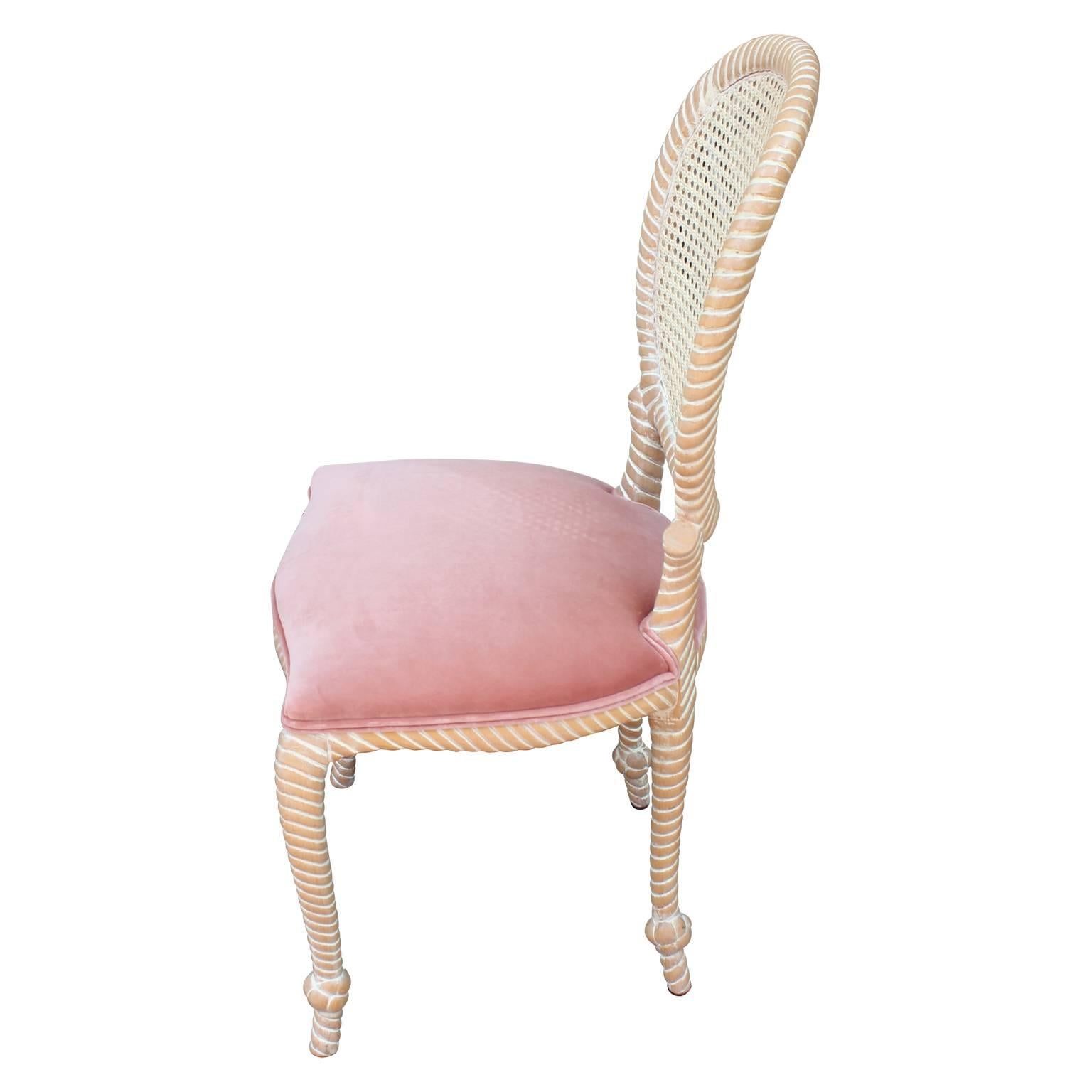 Set of Five / Four Cane Back Rope Dining Chairs in Pink Velvet and Bleached In Excellent Condition In Houston, TX