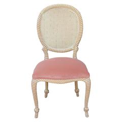 Set of Five / Four Cane Back Rope Dining Chairs in Pink Velvet and Bleached