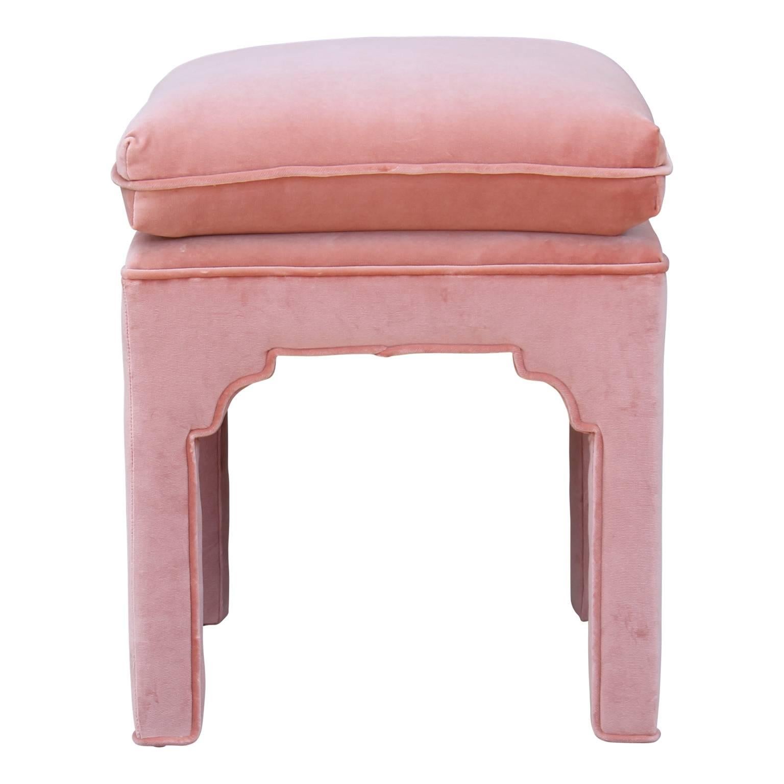 Hollywood Regency Pair of Modern Fully Upholstered Light Pink Velvet Footstools Ottomans