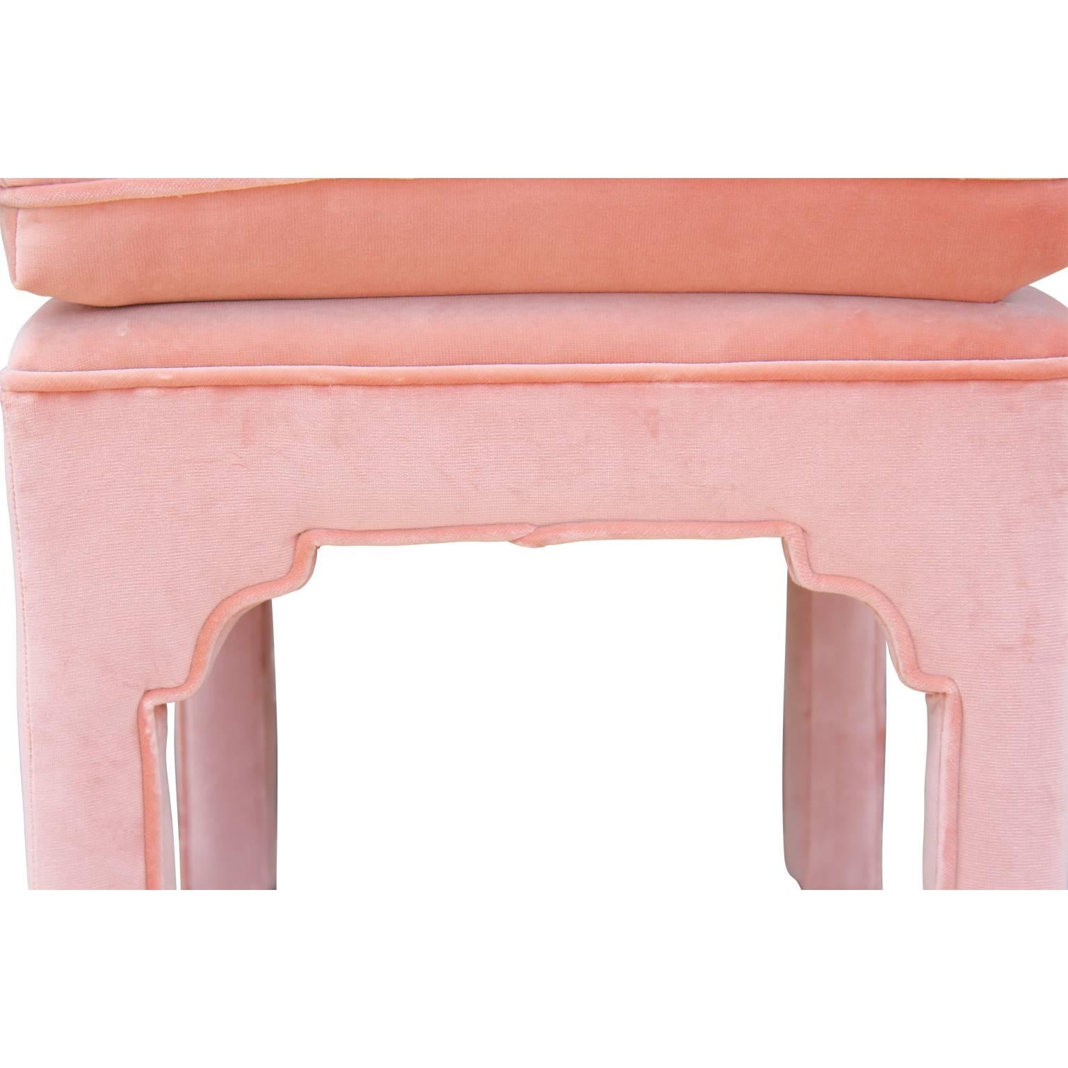 American Pair of Modern Fully Upholstered Light Pink Velvet Footstools Ottomans