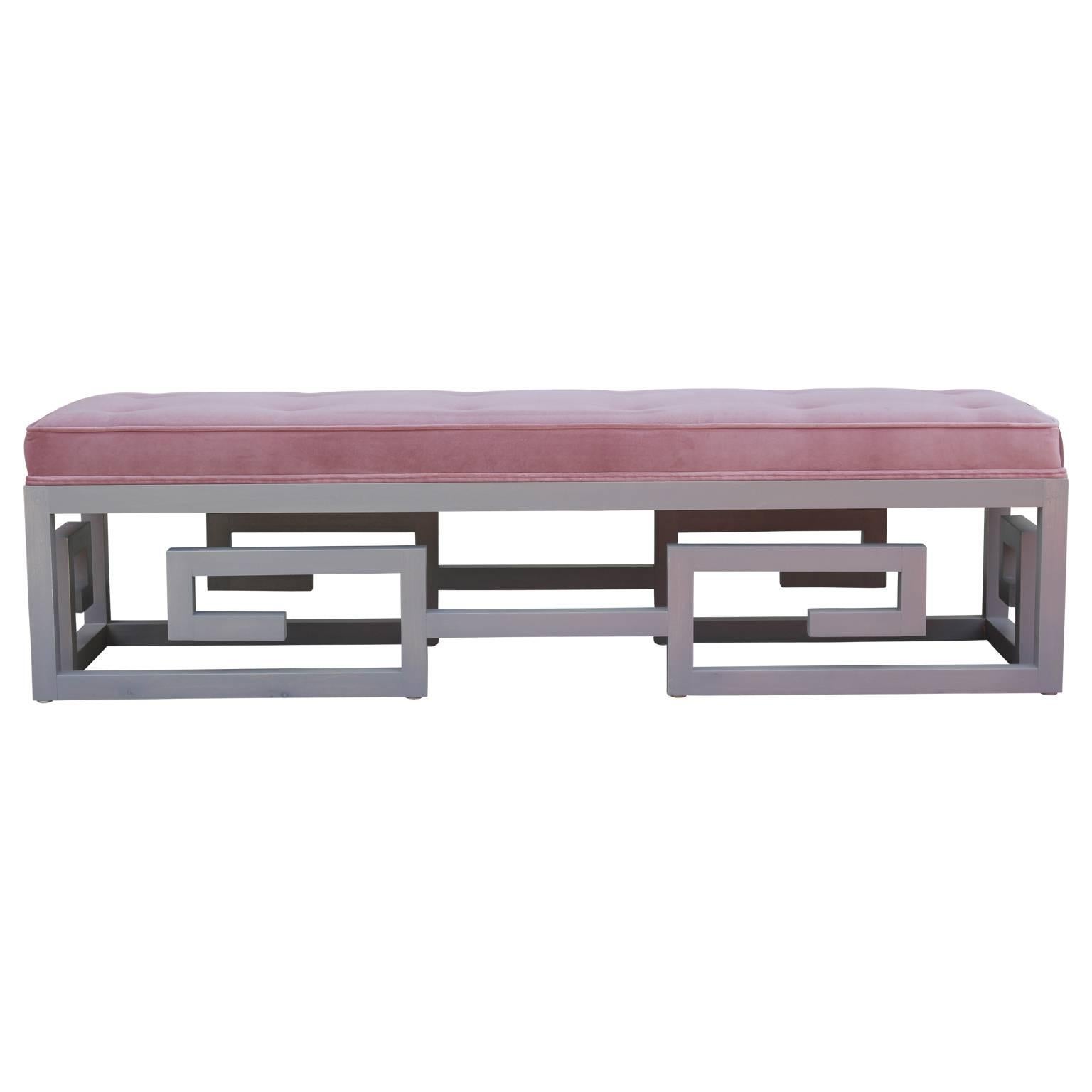 Modern Custom-Made Greek Key Rectangular Bench in Gray and Purple Velvet