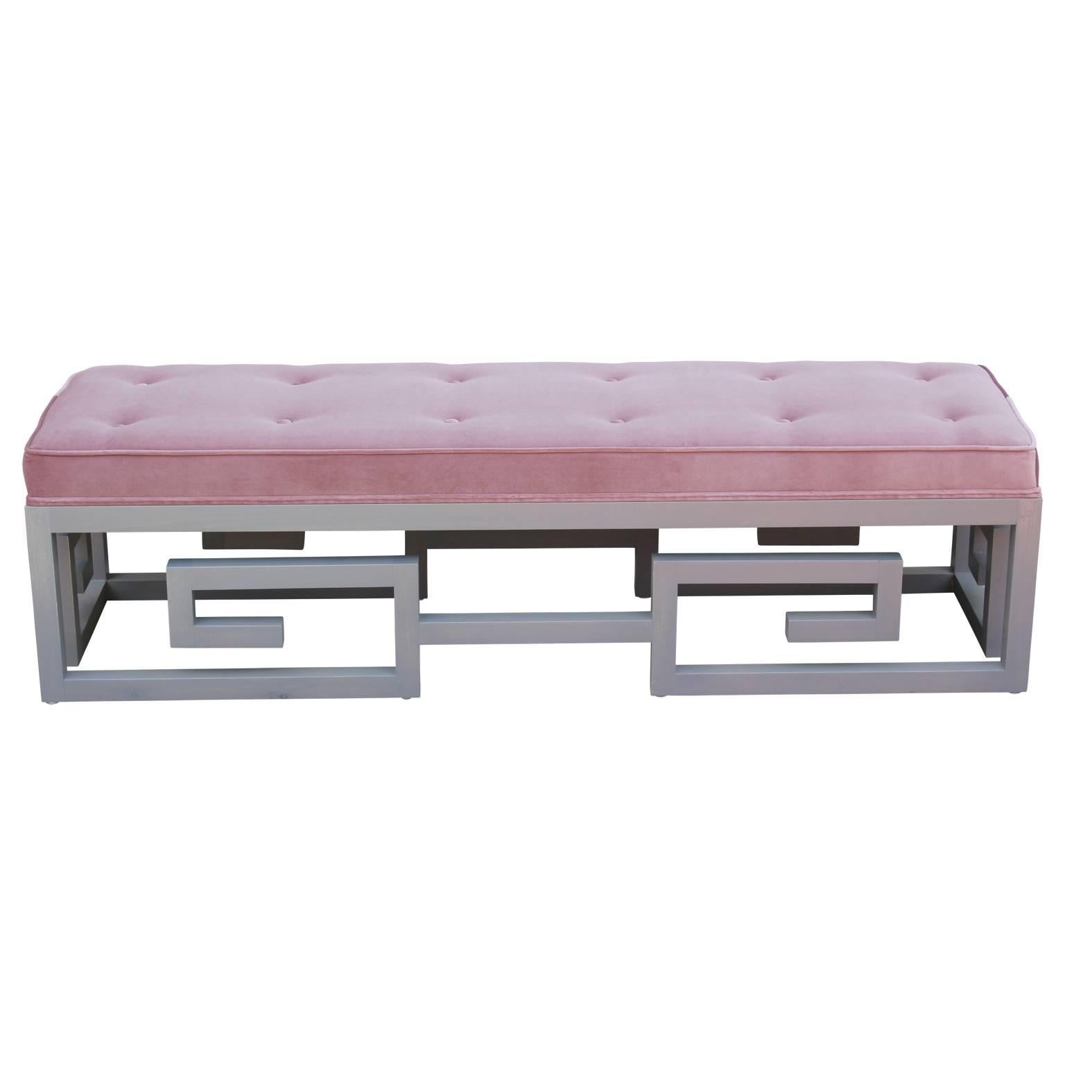 Unique Greek key bench custom-made in gray and purple velvet in the style of Baker Furniture Company or Kittinger. We also have another one available in a yellow velvet. Inquire for COM.