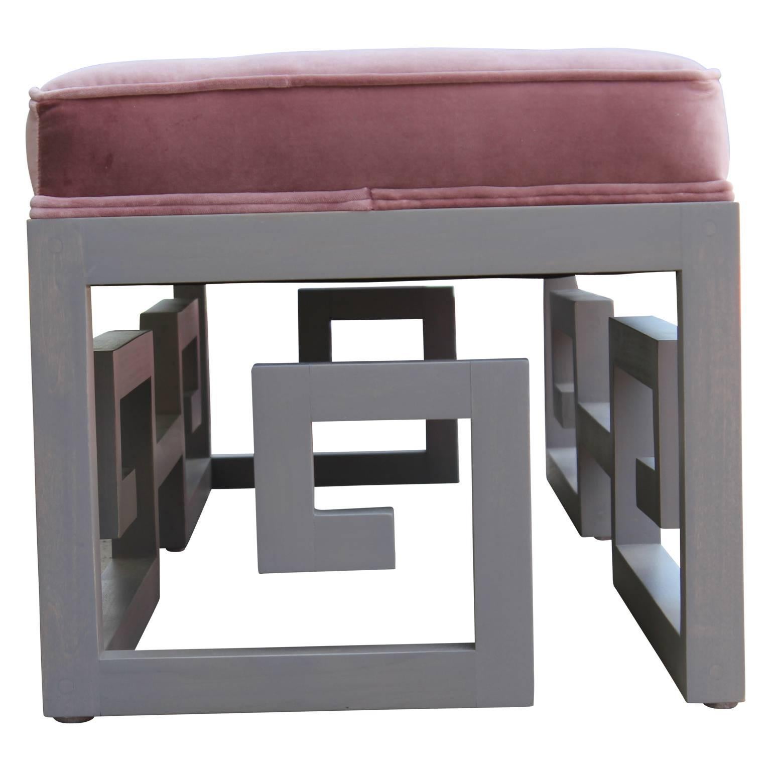 American Modern Custom-Made Greek Key Rectangular Bench in Gray and Purple Velvet