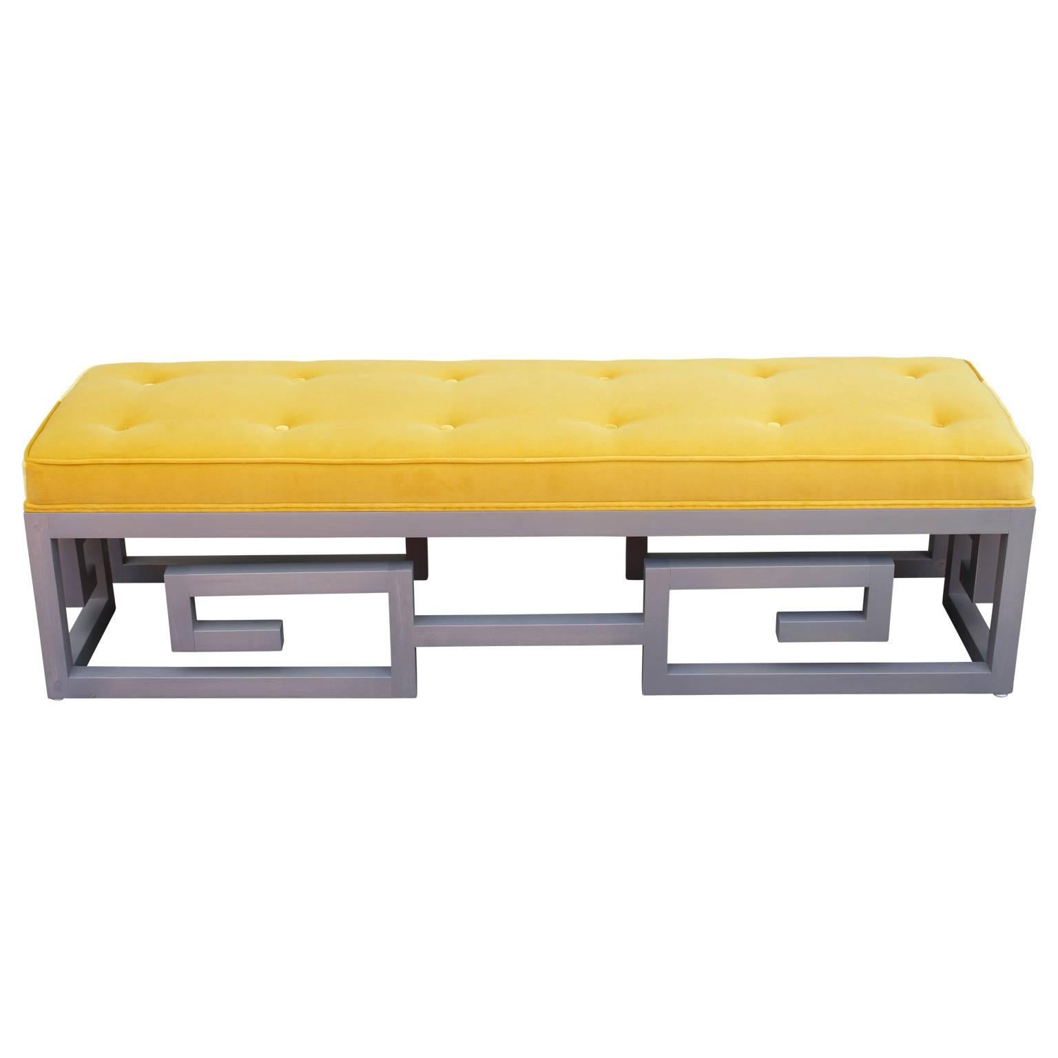 Modern Custom-Made Greek Key Rectangular Bench in Gray and Yellow Velvet