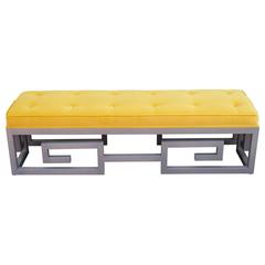 Modern Custom-Made Greek Key Rectangular Bench in Gray and Yellow Velvet 4